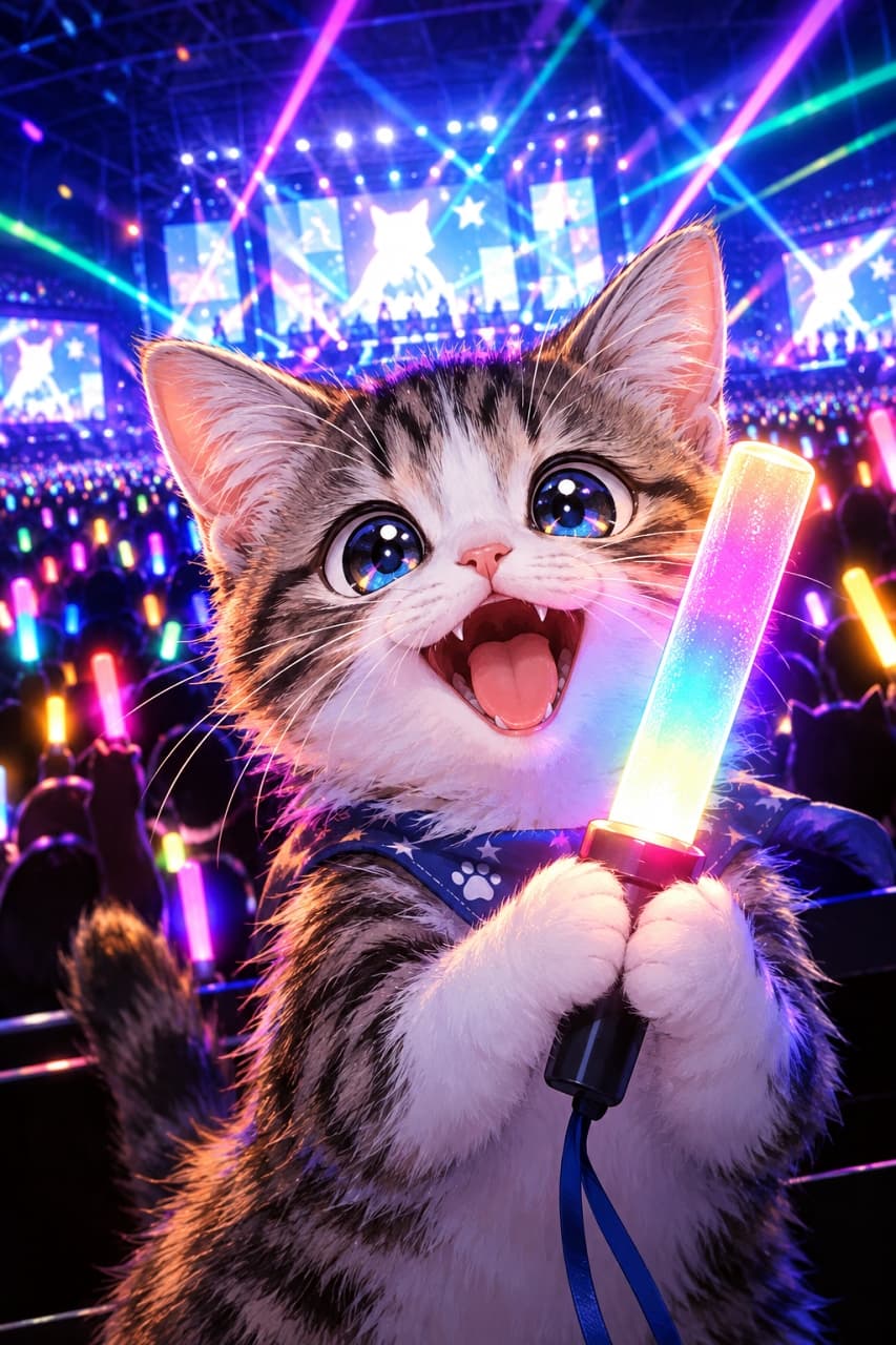 「最前列で参戦!🎤✨このペンライト捌き、誰にも負けないにゃ🐾 #猫 #コンサート #ペンライト #推し活 #ライブ最高」Ultra-realistic high-quality photograph of an incredibly excited brown tabby kitten in a dark concert arena. The kitten, with huge blue eyes reflecting the lights, holds a glowing rainbow penlight in its front paws and has its mouth open in a joyful scream. It's wearing a blue bandana with white stars. The background is a dense crowd waving colorful glow sticks, a massive stage with screens, and dynamic, cross-firing laser lights. The lighting is intensely dynamic, with a high-resolution, slightly anime-styled rendering, capturing the raw energy of a live event. 暗いコンサートアリーナで、カラフルに光るレインボーカラーのペンライトを両前脚でしっかりと持ち、大きく口を開けて歓声を上げている興奮した表情の子猫。キジトラ雑種のブラウンタビー被毛で、大きな青い瞳にはアリーナの光が映り込んでいる。星柄のブルーのバンダナ(ハーネス)を着用。背景には、色とりどりのサイリウムを振る観客席、巨大なステージ、そして激しく交差する青やピンクのレーザー光が広がる。ダイナミックなライティングとアニメスタイルのエフェクトが効いた、臨場感あふれる超リアルな写真