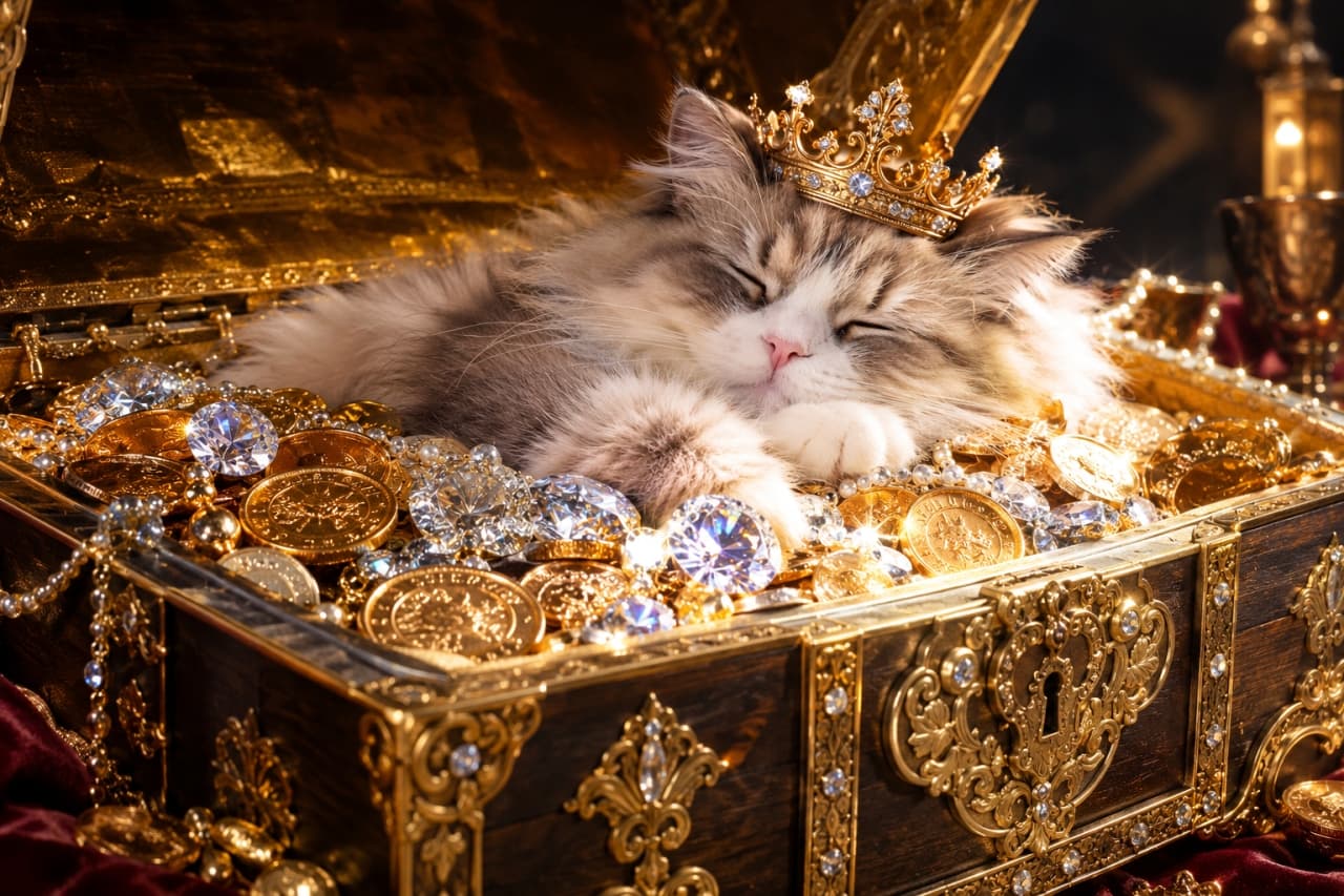 「世界一のお宝は、ダイヤでも金貨でもなくこの寝顔だにゃ👑✨夢の中でも大富豪🐾 #猫 #王様 #宝箱 #お宝 #猫のいる暮らし」Ultra-realistic, 8k high-resolution photograph of a fluffy long-haired silver tabby and white cat wearing a tiny, ornate gold crown, sleeping peacefully inside a giant treasure chest. The chest is overflowing with sparkling diamonds and gold coins. Dramatic studio lighting highlights the contrast between the cat's soft fur and the hard, glittering jewels, creating a luxurious and majestic atmosphere. 煌びやかな巨大な宝箱の中で、大量の輝くダイヤモンドや金貨のベッドに沈み込むようにして平和に眠る、長毛種のハチワレ猫(ペルシャやラグドール系)。頭には精巧なデザインの小さな金の王冠を乗せています。柔らかく豊かなシルバータビー&ホワイトの被毛と、硬質で光り輝く宝石の対比が美しく、劇的なスタジオライティングが高級感と8kの高精細なディテールを際立たせています