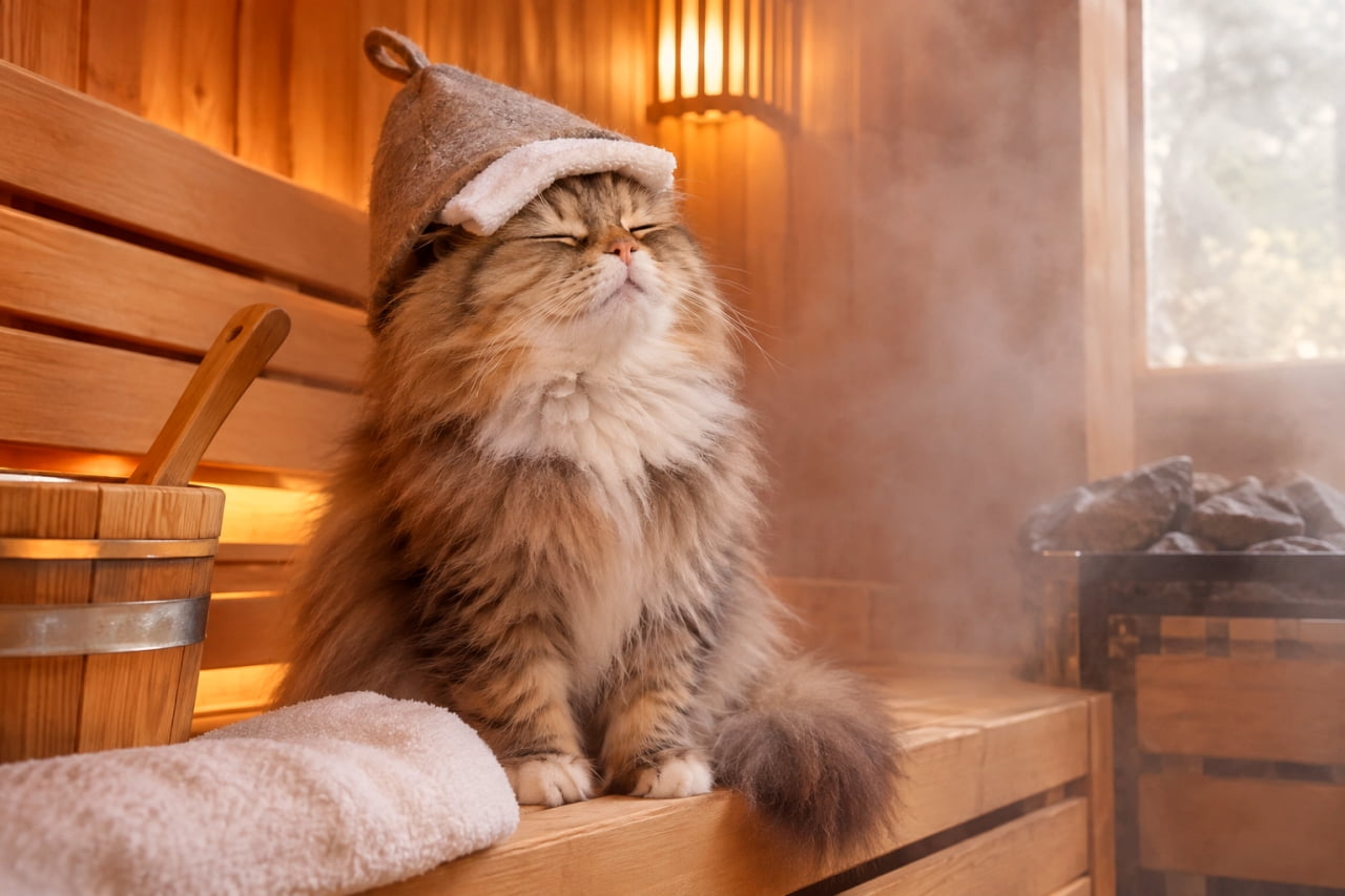 「サウナでととのう、この瞬間…🧖♂️🐾フェルト帽がマイブームにゃ #猫 #サウナ #ととのう #サ活 #サウナハット」Ultra-realistic high-quality 8k photograph of a fluffy long-haired cat, resembling a Norwegian Forest Cat or Maine Coon with rich brown tabby fur, sitting on a wooden bench inside a misty, steamy sauna. The cat wears a small grey felt sauna hat and has a white towel on its head. It has its eyes closed in an expression of deep relaxation and bliss. Nearby are a wooden sauna bucket, ladle, and towel. The background features a sauna stove with hot stones, warm light from a window, and soft steam filling the air. 蒸気に満ちた木のサウナの中で、小さなグレーのフェルト製サウナハットを被り、白いタオルを頭に乗せて木製のベンチに座る、被毛が豊かな長毛種の猫。ノルウェージャンフォレストキャットやメインクーン系のブラウンタビー。目を閉じて心からリラックスし、ととのっている表情。ベンチには木のバケツ(湯桶)と柄杓、タオルが置かれ、背景にはサウナストーンが積まれたストーブと、蒸気が立ち込める窓、柔らかな温かみのある光が差し込んでいる。超高精細でリアルな写真