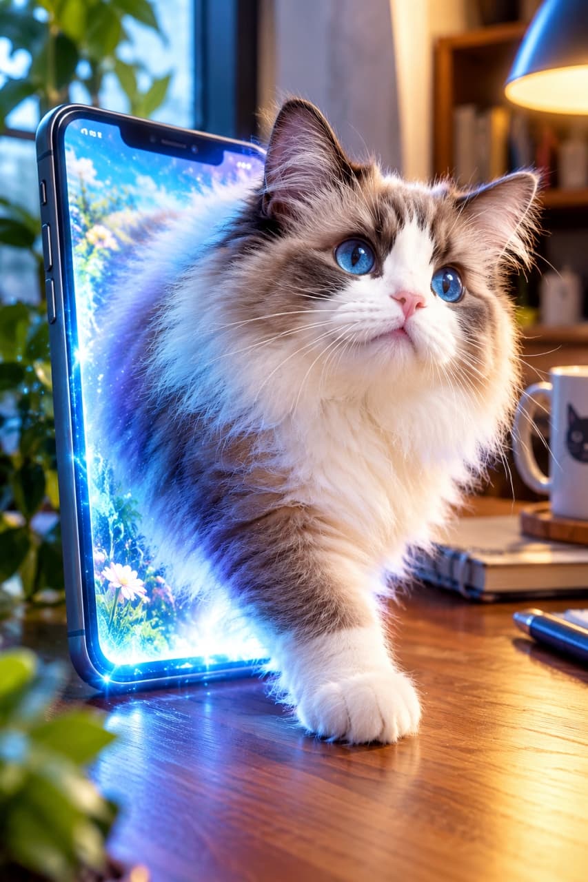 「画面の中からこんにちはにゃ🐾✨最新のスマホ機能で、ボクが直接会いに来たよ!いっぱい撫でてね📱🐈 #猫 #ラグドール #魔法 #デジタルアート #猫のいる暮らし」Ultra-realistic high-quality photograph of a fluffy Ragdoll cat with striking blue eyes appearing to step out of a modern smartphone screen onto a wooden desk. The cat is half inside the glowing screen showing a flower field, and half in the real world, surrounded by a magical technological illusion with blue glowing light and high contrast. 木製デスクの上に置かれたスマートフォンの画面から、現実世界へ半分飛び出してきているフサフサの長毛猫(ラグドール風)。シールバイカラーの美しい被毛と透き通るような青い瞳が特徴的で、右前足をデスクに踏み出しています。画面の中は花畑、外側は青く輝く魔法の光に包まれた、ハイコントラストで超リアルなデジタルアート風写真