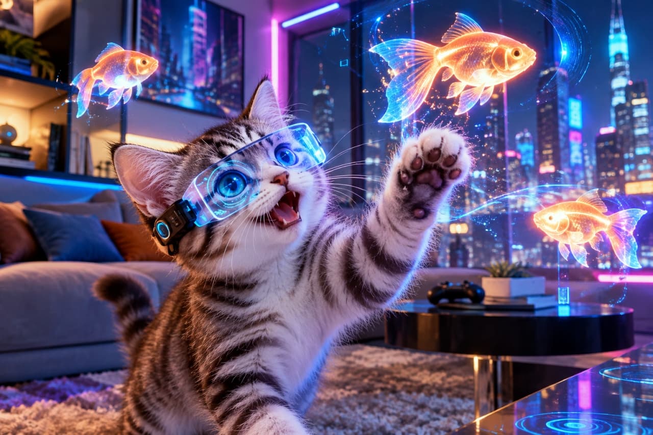 「最新のARゲームで金魚すくいに挑戦中🐟✨未来の遊びはワクワクが止まらないにゃ!🐾 #猫 #AR #サイバーパンク #未来 #近未来」Ultra-realistic high-quality photograph of a futuristic silver tabby kitten wearing high-tech blue AR glasses, standing on its hind legs trying to catch glowing orange holographic goldfish floating in the air. The kitten has bright blue eyes and an excited expression. The modern living room background is enhanced with neon pink and blue cyberpunk lighting accents, shot in high resolution. 近未来的な青いARグラスを装着し、空中に浮かぶオレンジ色に光るホログラムの金魚を捕まえようと前足を伸ばす、シルバータビーの子猫。好奇心旺盛な青い瞳と、立ち上がったアクティブなポーズが特徴的です。背景はモダンなリビングルームで、ネオンブルーやピンクのサイバーパンク風のライティングが、高解像度でシャープな世界観を演出