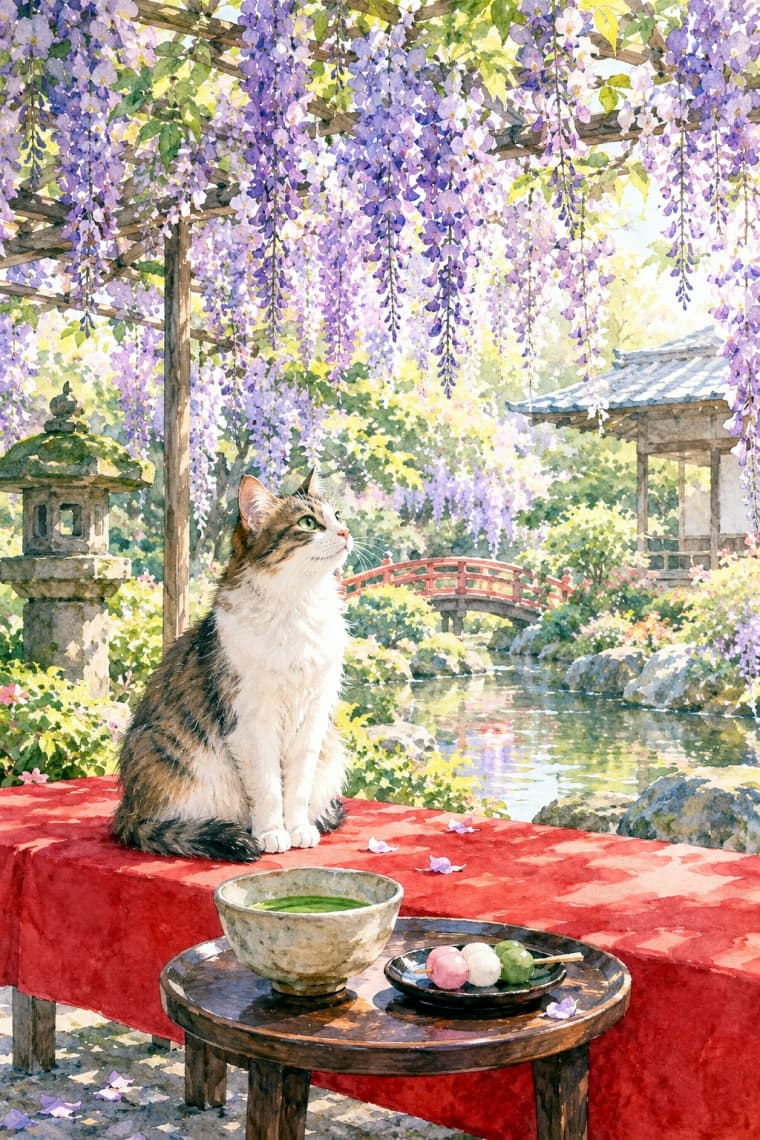 「藤のお花と綺麗なお庭で、今日はお茶のお稽古だにゃ🍵🌸三色団子はあとでのお楽しみにする🐾 #猫 #日本庭園 #藤棚 #抹茶 #和の心」Ultra-realistic high-quality watercolor-style photograph of a graceful long-haired brown tabby and white cat sitting on a traditional red bench under a beautiful blooming purple wisteria trellis. A bowl of matcha green tea and three-colored dango rest on a small table in a peaceful Japanese garden, bathed in soft, warm spring sunlight. 満開の紫色の藤棚の下、赤い毛氈が敷かれたお茶会のベンチに優雅に座り、上を見上げる長毛気味のキジトラ白の猫。柔らかな春の木漏れ日の中、手前の小机には点てられた抹茶と三色団子が置かれている。背景には石灯籠や赤い橋のある静かな日本庭園が広がり、全体が水彩画のような優しく美しいタッチで描かれた一枚