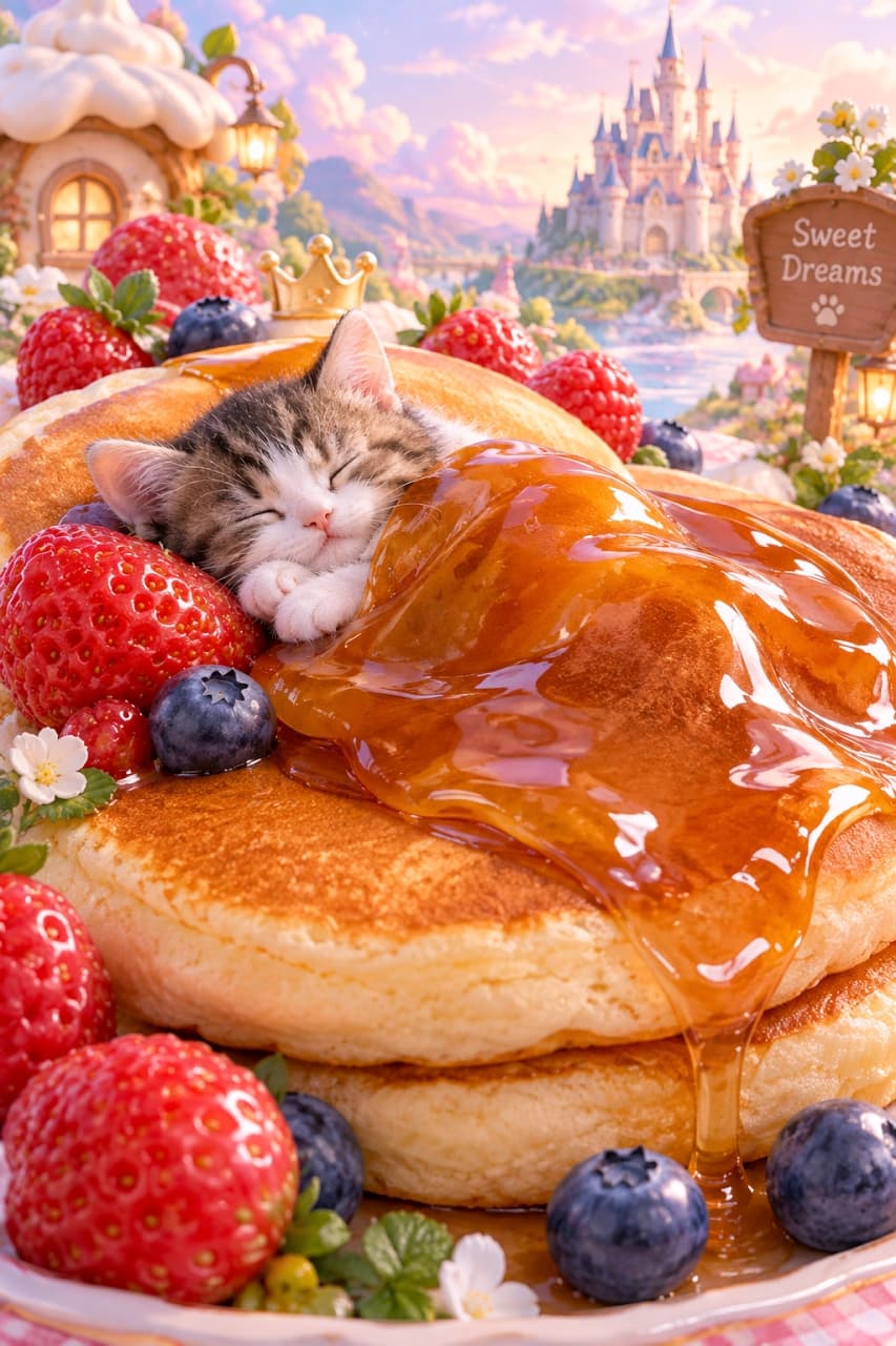 「シロップの布団で夢の中…🥞🍓世界一幸せな寝顔、ここにあります🐾 #猫 #子猫 #パンケーキ #夢かわ #癒し」Ultra-realistic high-quality photograph of a tiny brown tabby and white kitten sleeping soundly on a giant, fluffy pancake bed, covered by a glistening maple syrup blanket. The kitten, possibly a mix with some Scottish Fold due to its round ears, is lying on its back with paws curled. Around the kitten are huge strawberries and blueberries, a fairy-tale dessert house and castle, and a wooden sign saying "Sweet Dreams". The scene is bathed in soft, warm pastel lighting, creating a high-end 3D render with rich textures and depth. 巨大なふわふわパンケーキのベッドで、艶やかなメープルシロップの布団を掛けて眠るキジトラ白の子猫。丸いお耳の雑種(スコティッシュフォールドの血が混じっているかもしれない)で、ブラウンタビーの被毛が柔らかそう。仰向けで小さな手足を縮め、幸せそうな寝顔を見せている。周囲には大きなイチゴやブルーベリー、おとぎ話に出てくるようなお菓子の家とお城、そして「Sweet Dreams」と書かれた木の看板が。パステルカラーの柔らかな光に包まれたファンタジーな世界観の超リアルな3Dレンダリング写真
