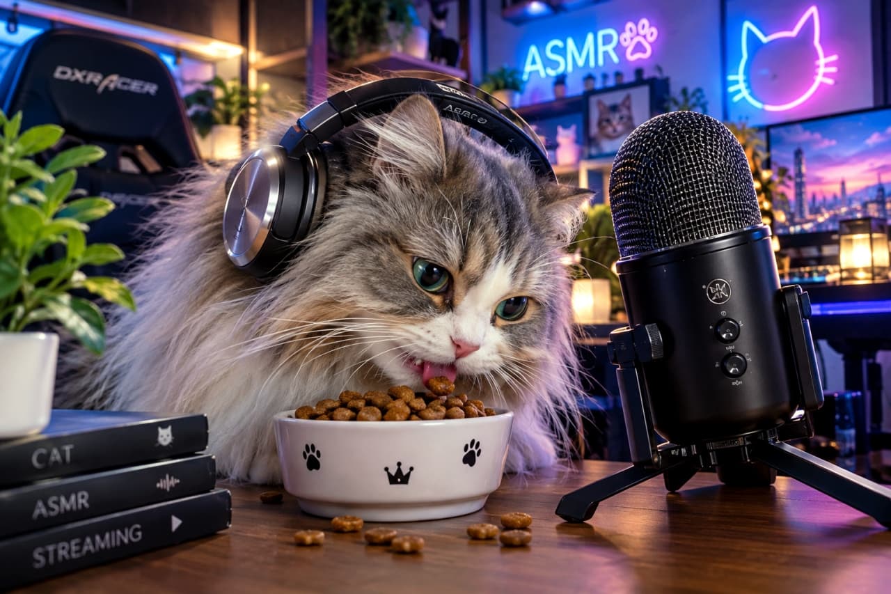 「今日の配信は「カリカリASMR」🎙️🎧みんな、ヘッドホンで聴いてね🐾 #猫 #ASMR #配信中 #ゲーミング #猫のいる暮らし」Ultra-realistic high-quality photograph of a stunning long-haired cat, resembling a Norwegian Forest Cat or Maine Coon with silver tabby fur and emerald green eyes, wearing professional-grade gaming headphones. The cat is eating dry food from a personalized bowl positioned in front of a high-end Black Yeti-style ASMR microphone, tongue visible. The background is a modern, cyber-style streaming room with purple and blue neon signs ("ASMR", "🐾"), a DX Racer gaming chair, multiple monitors, and cat-themed books. Cinematic lighting highlights the detailed textures. 本格的なゲーミングヘッドホン(オーディオテクニカ系)を装着し、高級なASMR用マイクの前でカリカリとドライフードを食べる、毛並みの豊かな長毛種の猫。ノルウェージャンフォレストキャットやメインクーンを思わせるシルバータビーの被毛と、鮮やかなグリーンの瞳が印象的。マイクの前で舌をペロリと出し、食べることに集中しているポーズ。背景は、ピンクやブルーのネオンサイン(「ASMR」「🐾」)、ゲーミングチェア、パソコン画面、猫グッズ、観葉植物などが置かれた、モダンでサイバーな雰囲気のストリーミングルーム。シネマティックで高精細な写真