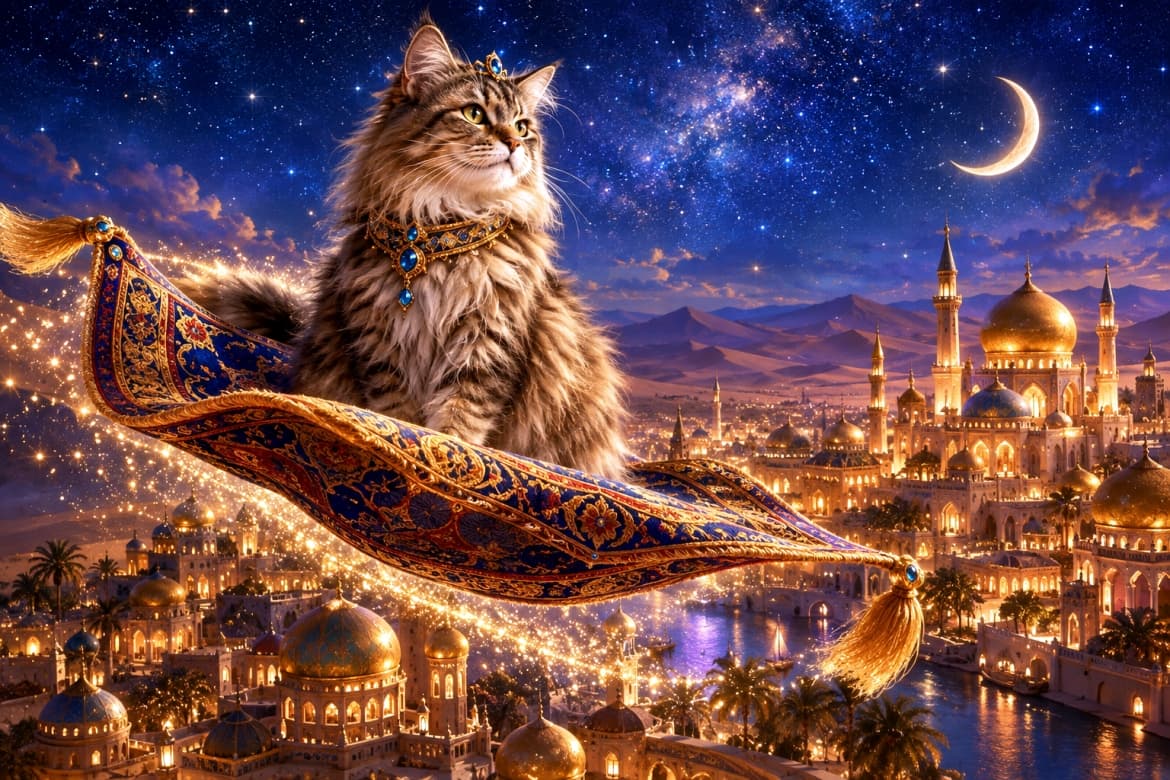 「星空の魔法の絨毯に乗って、夜空のお散歩に出発だにゃ🌌✨砂漠の街の夜景は最高だね🐾 #猫 #メインクーン #魔法の絨毯 #ファンタジー #夜空」Ultra-realistic high-quality fantasy photograph of a majestic long-haired Maine Coon cat sitting proudly on an ornate floating magic carpet. The cat wears a jeweled collar and tiny tiara, flying through a spectacular starry night sky with a crescent moon. Below is an ancient desert city with glowing golden domes, with glittering magical dust trailing the carpet. 美しい星空と三日月が輝く夜、豪華な装飾が施された空飛ぶ魔法の絨毯の上に誇り高く座る、王様のようなメインクーン風の長毛猫(ブラウンタビー)。青い宝石がついた首飾りと小さなティアラを身につけ、遠くを見据えています。眼下には金色のドームが光り輝く砂漠の古代都市が広がり、絨毯の軌跡にはキラキラとした魔法の粉が舞うファンタジーイラスト風の写真