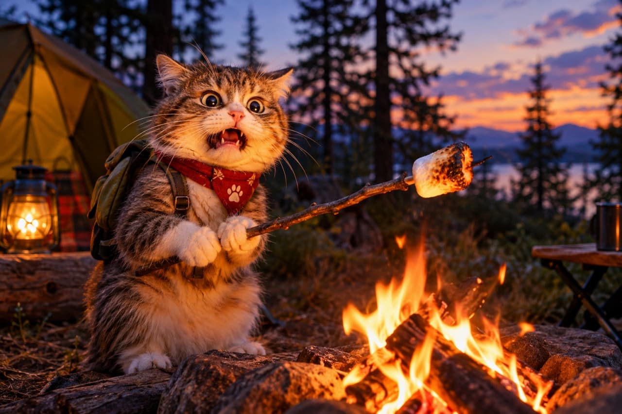 「あわわっ!🔥よそ見してたらマシュマロが焦げちゃったにゃ💦誰か助けて〜!🐾 #猫 #キャンプ #アウトドア #マシュマロ #おもしろ猫」Ultra-realistic high-quality photograph of a funny brown tabby and white cat wearing a red bandana and tiny backpack, looking panicked while holding a stick with a slightly burnt marshmallow over a campfire. The warm firelight illuminates the cat's wide yellow eyes and expressive face. The background features an outdoor camping setup with a tent, a lantern, and pine trees silhouetted against a beautiful dusk sky. 夕暮れの森のキャンプ場で、燃え盛るキャンプファイヤーにかざしたマシュマロが焦げてしまい、目を見開いてパニックになっているキジトラ白の短毛猫。赤い肉球柄のバンダナを巻き、小さなリュックを背負った愛らしい姿。大きく見開かれた黄色い瞳に焚き火の温かい光が反射し、背景にはテント、ランタン、そして松の木が夕焼け空のグラデーションに美しく浮かび上がっています