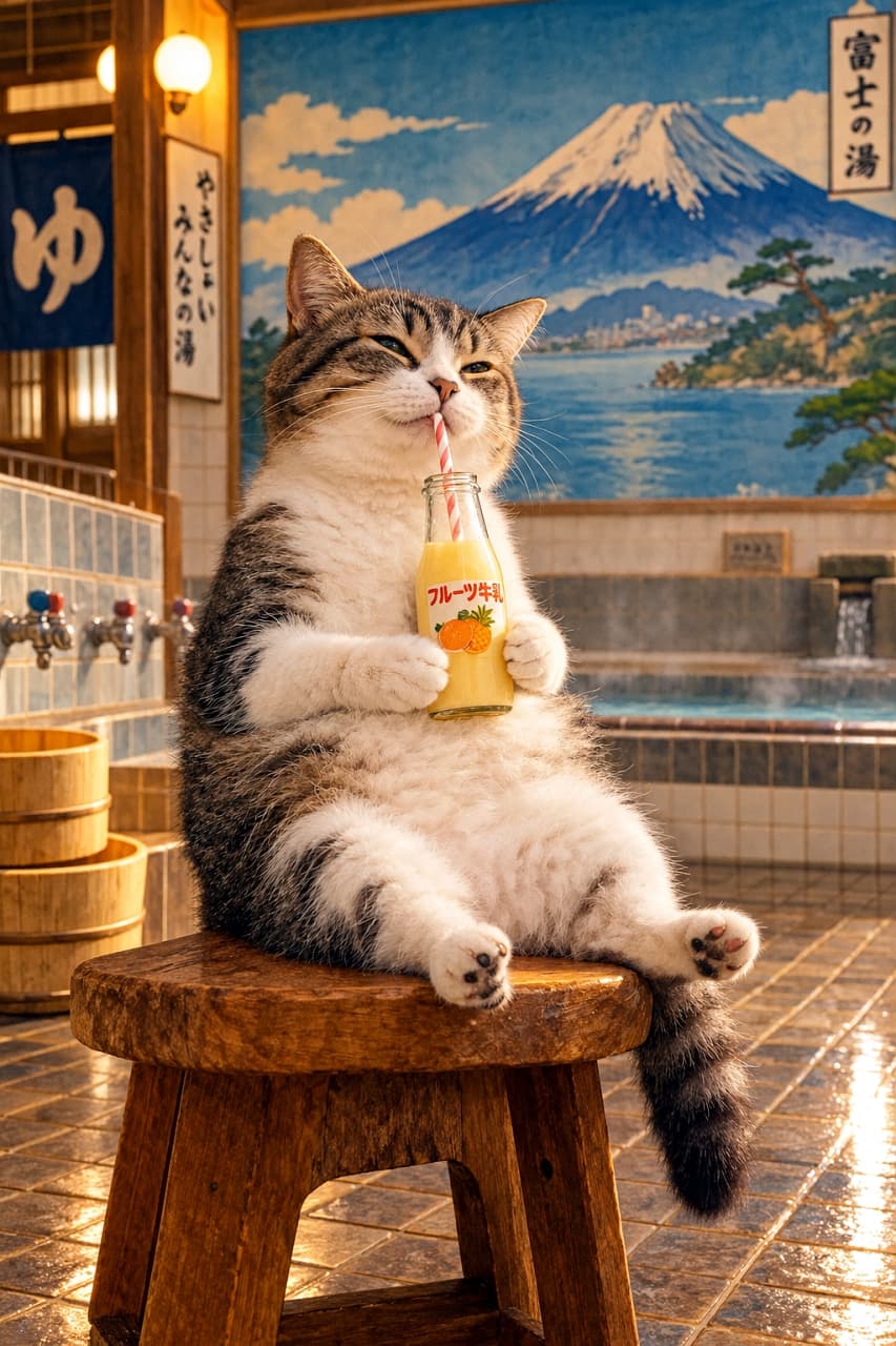 「ひとっ風呂浴びた後のこの一杯がたまらないにゃ🥛♨️みんなも銭湯でリフレッシュしてみてね🐾 #猫 #銭湯 #湯上がり #リフレッシュ #お風呂好き」Ultra-realistic high-quality photograph of a slightly chubby brown tabby and white cat sitting confidently on a wooden stool in a traditional Japanese bathhouse, drinking fruit milk from a glass bottle through a straw. The cat has a relaxed, slightly proud expression. The background showcases a beautiful Mount Fuji mural, vintage faucets, and warm sunlight reflecting off the wet tiled floor, creating a nostalgic aesthetic. 昭和レトロな銭湯の木製スツールに寄りかかるように座り、ストローでガラス瓶のフルーツ牛乳を飲むキジトラ白猫。少し流し目気味でドヤ顔のような、完全にリラックスした表情を見せています。豊かな被毛のお腹が愛らしく、背景には壮大な富士山の壁画、レトロな蛇口が並ぶ洗い場、そして「ゆ」の暖簾が見えます。午後の暖かな日差しがタイルを美しく照らし出す、非常に精細な写真