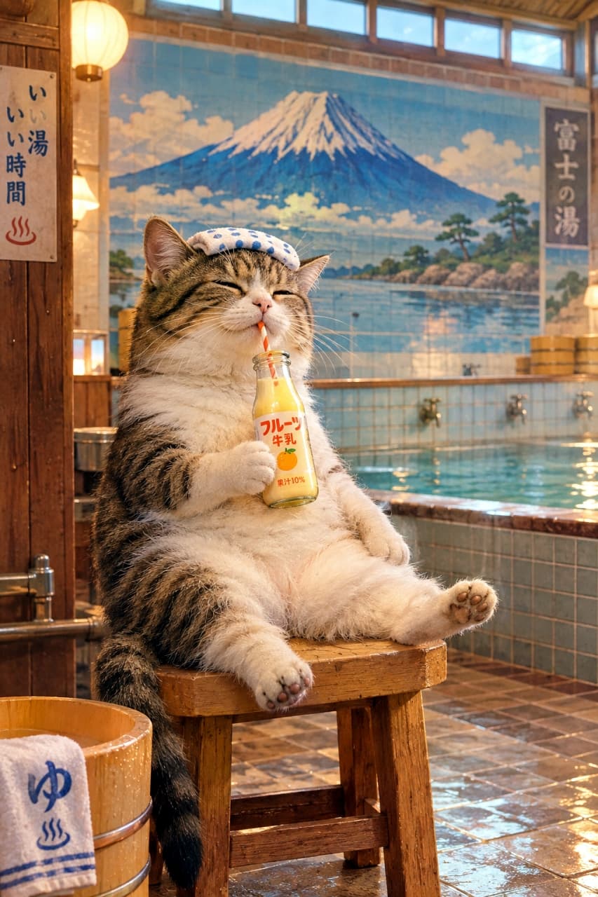 「いい湯だな♨️お風呂上がりのフルーツ牛乳はやっぱり格別だにゃ〜🥛✨身も心もポカポカ🐾 #猫 #銭湯 #富士山 #フルーツ牛乳 #昭和レトロ」Ultra-realistic high-quality vintage-style photograph of a slightly chubby, relaxed brown tabby and white cat sitting on a wooden stool in a retro Japanese public bathhouse. The cat has a blue polka-dot towel on its head and is drinking fruit milk from a glass bottle with a straw, eyes closed in pure bliss. The warm-lit background features a classic Mount Fuji mural, tiled baths, and wooden bath buckets. レトロな日本の銭湯で、木製の丸いスツールにどっしりと座り、ガラス瓶に入ったフルーツ牛乳をストローで飲んでいる少しぽっちゃりとしたキジトラ白猫。頭には青い水玉模様の手ぬぐいを乗せ、目を閉じて至福の表情を浮かべています。背景には見事な富士山のペンキ絵、青いタイル張りの湯船、そして「ゆ」と書かれた手ぬぐいが掛かった木の桶があり、温かみのあるレトロな照明に照らされた情景豊かな写真