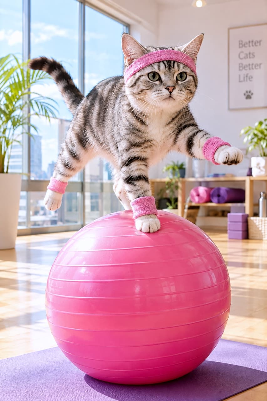 「体幹トレーニングはバッチリだにゃ!🐈💨今日も一日、元気にストレッチしてスタートするにゃん🐾 #猫 #ヨガ #バランスボール #フィットネス #筋トレ猫」Ultra-realistic high-quality photograph of a sporty silver tabby cat balancing perfectly on a bright pink pilates ball in a sunny, modern yoga studio. The cat is wearing a tiny pink sweatband on its head and matching wristbands on its front paws, showing a determined and focused expression. The studio is bathed in bright natural light, with yoga mats and plants in the background. 陽光が降り注ぐ明るいヨガスタジオで、鮮やかなピンクの大きなバランスボールの上に乗り、完璧なバランスを保って立つスポーティなサバトラ(シルバータビー)の猫。額にはピンクのヘアバンド、両前足にはリストバンドを装着し、キリッとした真剣な表情で前を見据えています。背景にはヨガマットや観葉植物が配置され、健康的でエネルギーに満ちた爽やかな空間が広がっています