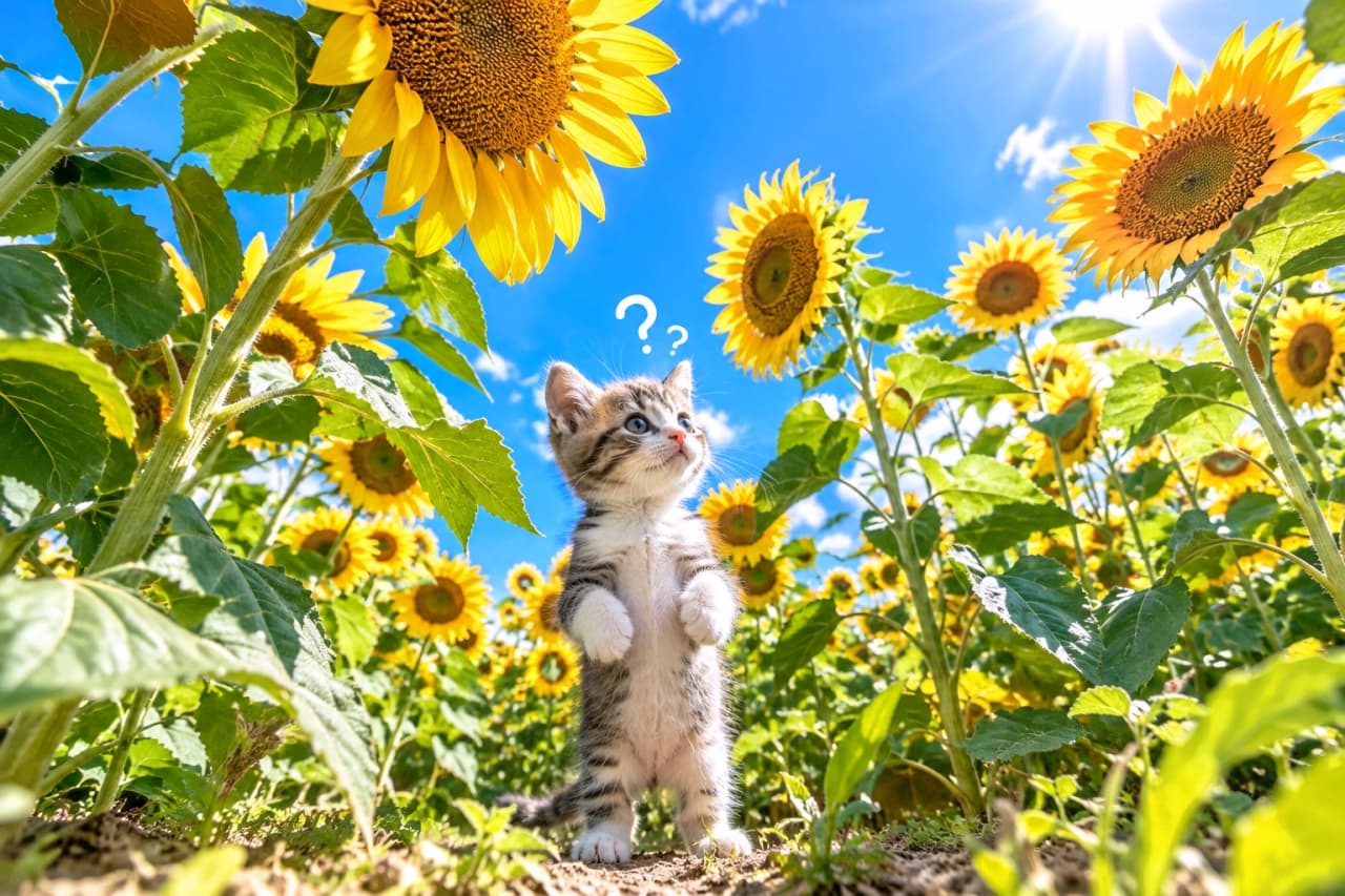 「お花が大きすぎて迷子になっちゃったにゃ?🌻💦誰かお家に帰る道を教えて〜!🐾 #猫 #子猫 #ひまわり #夏休み #キョトン顔」Ultra-realistic high-quality low-angle photograph of a tiny, cute brown tabby and white kitten standing on its hind legs like a meerkat. The kitten is looking around confused in the middle of a massive field of giant blooming sunflowers. The scene features a bright blue sky, sunny summer daylight, and vibrant, cheerful colors. 抜けるような青空と強い太陽の光が降り注ぐ夏のひまわり畑で、巨大なひまわりに囲まれて後ろ足で立ち上がる(ミーアキャットのようなポーズ)小さなキジ白の子猫。キョトンとした不思議そうな表情で辺りを見渡しています。ローアングルからの撮影により、ひまわりの巨大さと子猫の小ささが強調された、色彩豊かで元気な写真