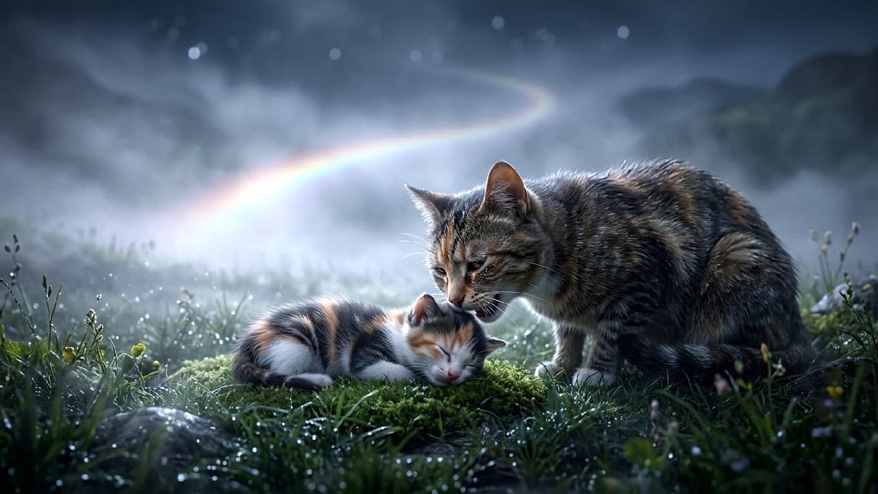 「神聖な靄の中で永遠の眠りにつく子猫と寄り添う母猫。虹の橋のたもとで交わされる、親子の永遠の絆。言葉を超えた深い愛と静かな祈りが、優しく心に響きます」An ultra-realistic high-quality photograph depicting a profoundly moving and sacred scene in a misty celestial valley. A tiny calico kitten lies in a peaceful, permanent sleep on dewy, mossy grass, while a sorrowful tabby mother cat gently presses her forehead against it in quiet grief. In the distant foggy background, a soft, luminous path of rainbow light glows faintly under cinematic, emotional lighting. 靄が立ち込める静寂な幻想の谷で、夜露に濡れた苔の上に安らかに横たわる三毛柄（キャリコ）の小さな子猫。その傍らで、哀愁を帯びた表情で愛おしそうにおでこを寄せ、そっと語りかけるように身を寄せるキジトラ（ブラウンタビー）の母猫。深い夜の背景には幻想的な玉ボケと、遠くの霧の中に淡く輝く虹色の光の道が伸びており、シネマティックで神聖なライティングが親子の強い絆と生命の尊厳を際立たせています "A profoundly moving and sacred scene. A tiny kitten is lying in a permanent, peaceful sleep, perfectly still and serene in a misty celestial valley. A sorrowful but beautiful mother cat gently presses her forehead against the motionless kitten, meowing softly in the quiet night. In the distant fog, a soft luminous path of rainbow light glows faintly. Dewy grass, emotional realism, highly detailed, soft focus, cinematic storytelling lighting."