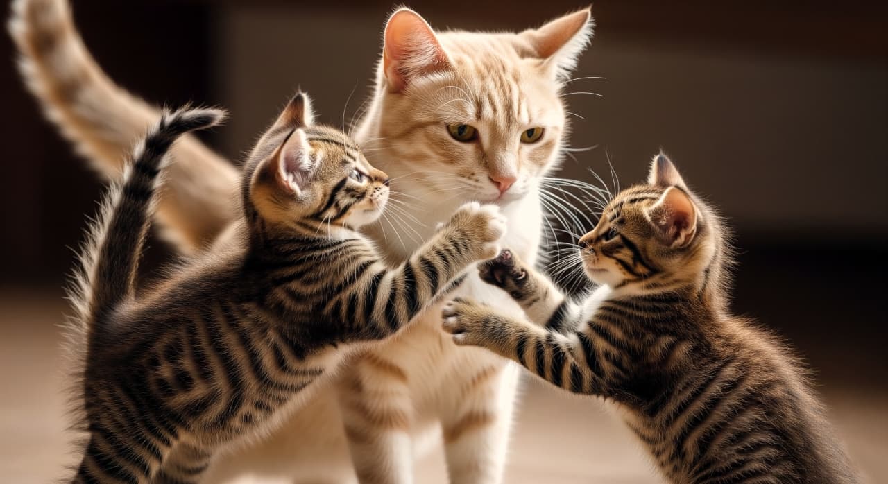 クリーム色の親猫と2匹の子猫が室内で寄り添い、子猫が親猫の胸や顔に前足を伸ばす微笑ましい場面 / Cream-colored adult cat with two tabby kittens playfully reaching out to its chest and face indoors