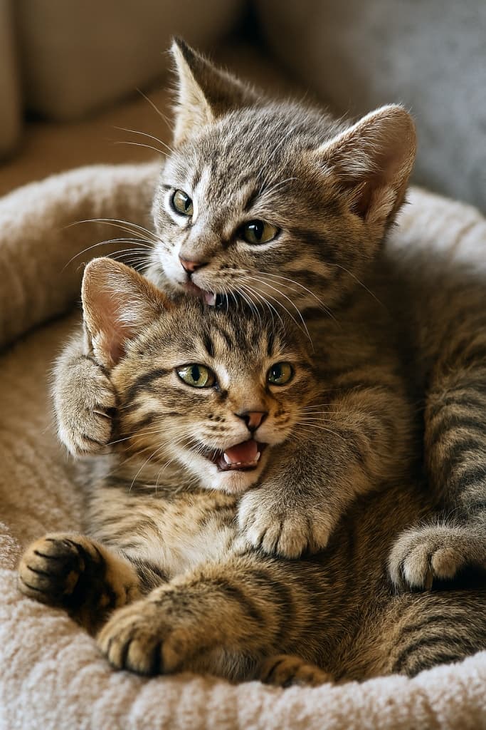 ベージュのペットベッドの中で抱き合う2匹の縞模様の子猫。上の子猫は下の子猫の頭を優しく噛んでおり、下の子猫は口を少し開けて小さな歯を見せている。ふたりの表情は愛情と遊び心に満ちている