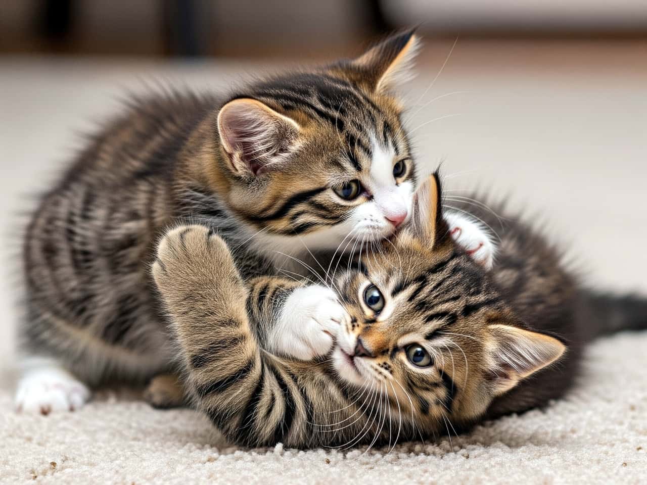 カーペットの上でじゃれ合う2匹の子猫。1匹は仰向けになり、もう1匹が耳を甘噛みする愛らしい瞬間 / Two tabby kittens playfully wrestling on a carpet, one lying on its back while the other gently nibbles its ear
