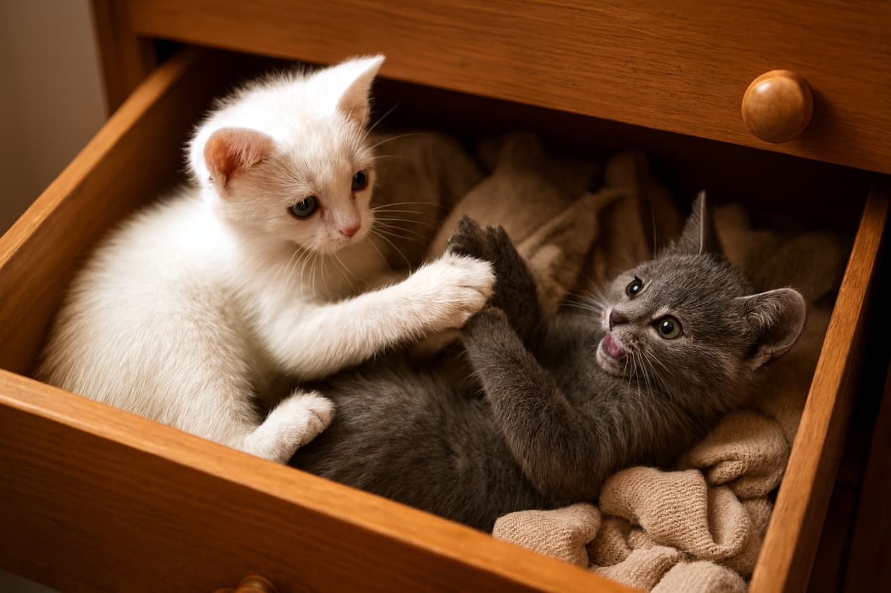 白い子猫と灰色の子猫が、木製の引き出しに詰まった靴下の上でじゃれ合っている。白猫が灰猫のしっぽに前足を伸ばし、灰猫は仰向けで応戦している。暖かな室内の光が二匹をやさしく照らしている