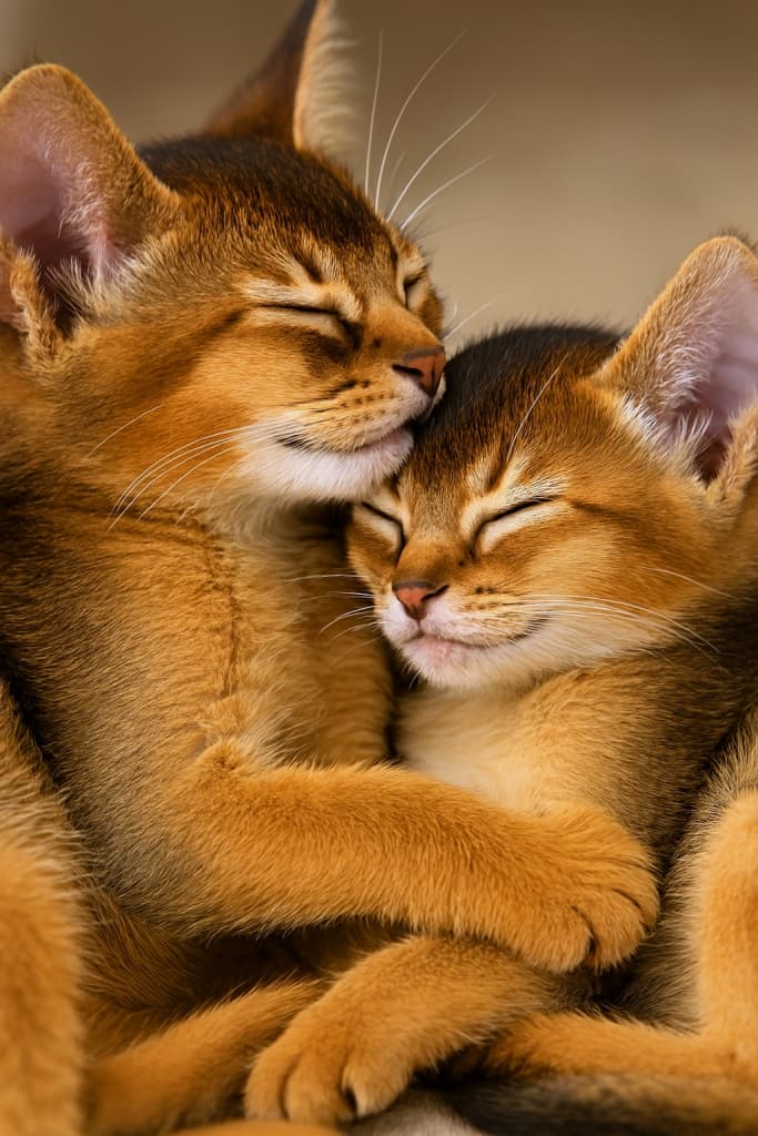 Two Abyssinian kittens snuggling closely, noses touching, eyes closed, with one paw resting gently on the other’s chest, showing deep trust and affection.