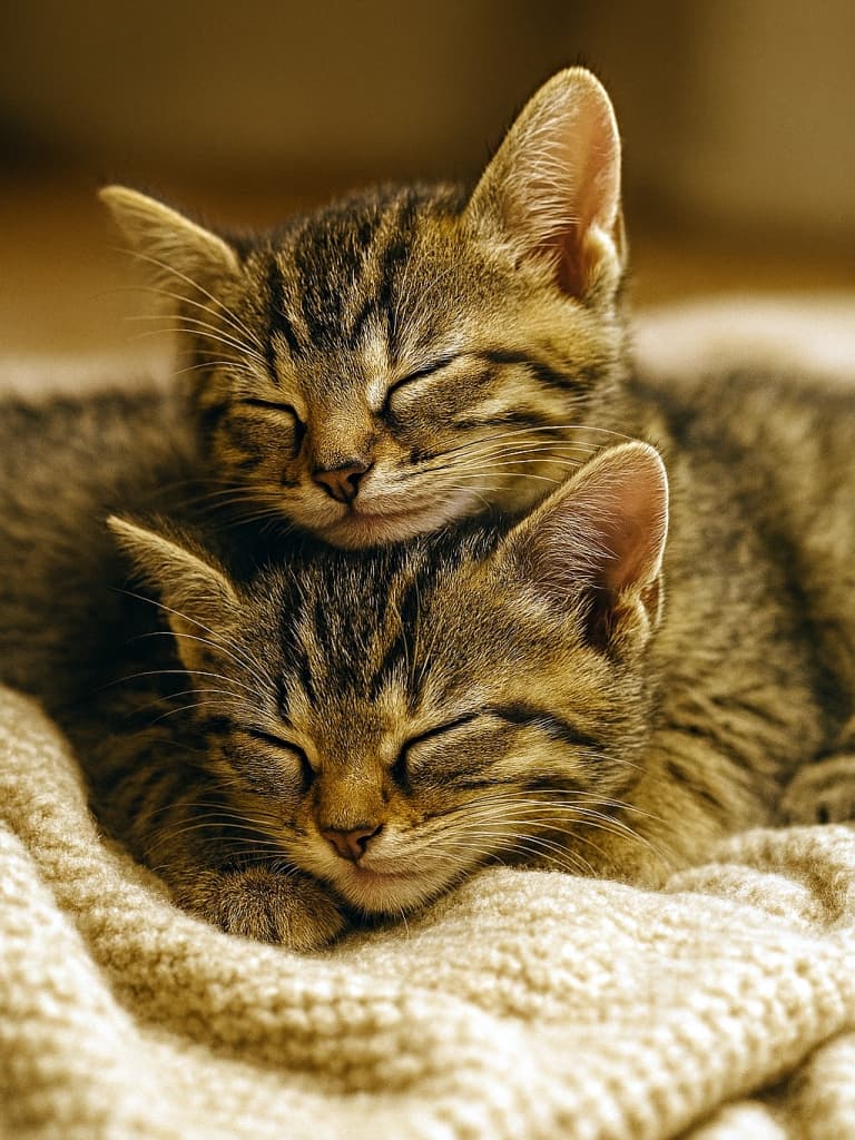 ふわふわのブランケットの上で寄り添って眠るきょうだい子猫。ひとりがもうひとりの頭を枕にし、穏やかな表情で夢を見ている。暖かな室内照明が毛並みをやさしく照らし、ぬくもりと安心感が漂う光景。