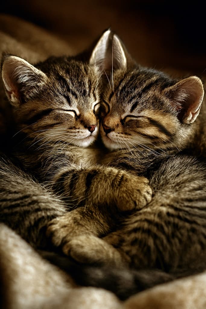 ブランケットの上で寄り添いながら眠る二匹のキジトラ子猫。鼻先を合わせ、前足を抱き合うように絡めている姿が温かく穏やかな雰囲気を伝えている