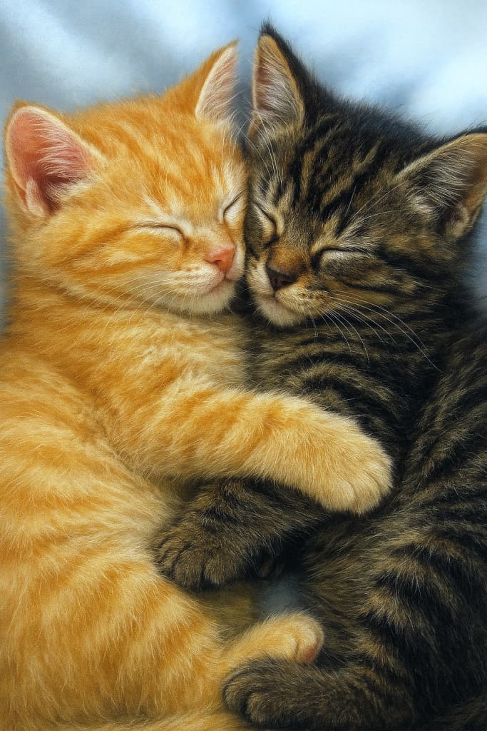 Two photorealistic kittens cuddling while sleeping. On the left, an orange tabby with golden-orange fur and darker stripes rests with eyes closed, pink nose pressed gently against the other kitten, one paw wrapped around its back. On the right, a brown tabby with dark and light brown fur and a classic ‘M’ marking on its forehead sleeps with its black nose nestled against the orange kitten’s face, front legs embracing it. Their fluffy fur is softly lit, with cheeks and ears highlighted. Background is blurred light blue and white, creating a dreamy, cozy atmosphere.　2匹の子猫が寄り添って眠っている。左はオレンジ色のトラ柄で、目を閉じてピンクの鼻を相手に押し当て、前足で抱きしめている。右は茶色のトラ柄で、黒い鼻をオレンジの子猫の顔に寄せ、前足で抱き寄せている。ふわふわの毛並みが光にやわらかく照らされ、背景は淡い青と白のぼかしで夢のような雰囲気