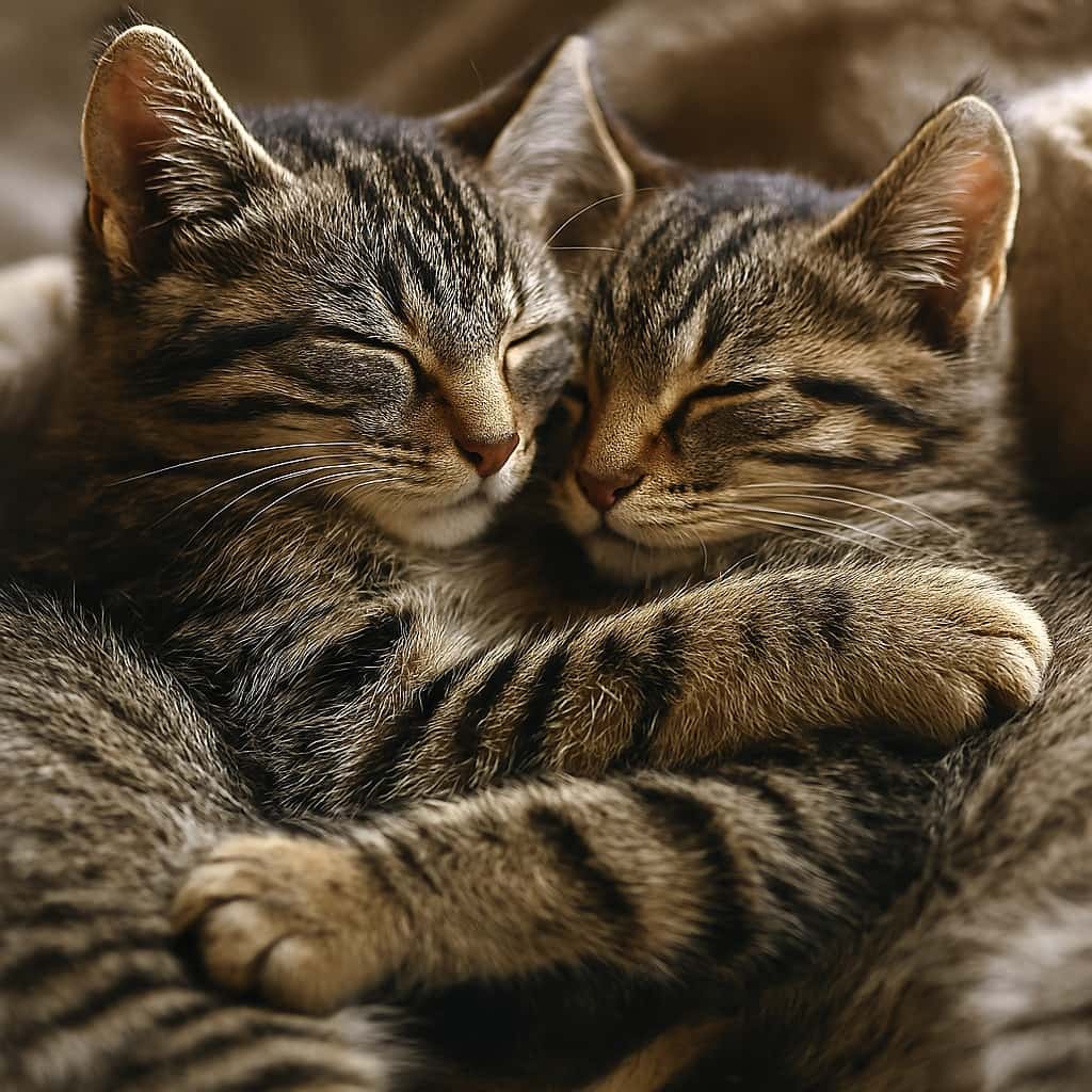 ブランケットの上で寄り添って眠る二匹のキジトラ猫。片方が前足を相手に回し、鼻先を近づけて安心した表情を浮かべている。柔らかな毛並みと落ち着いた雰囲気が伝わる