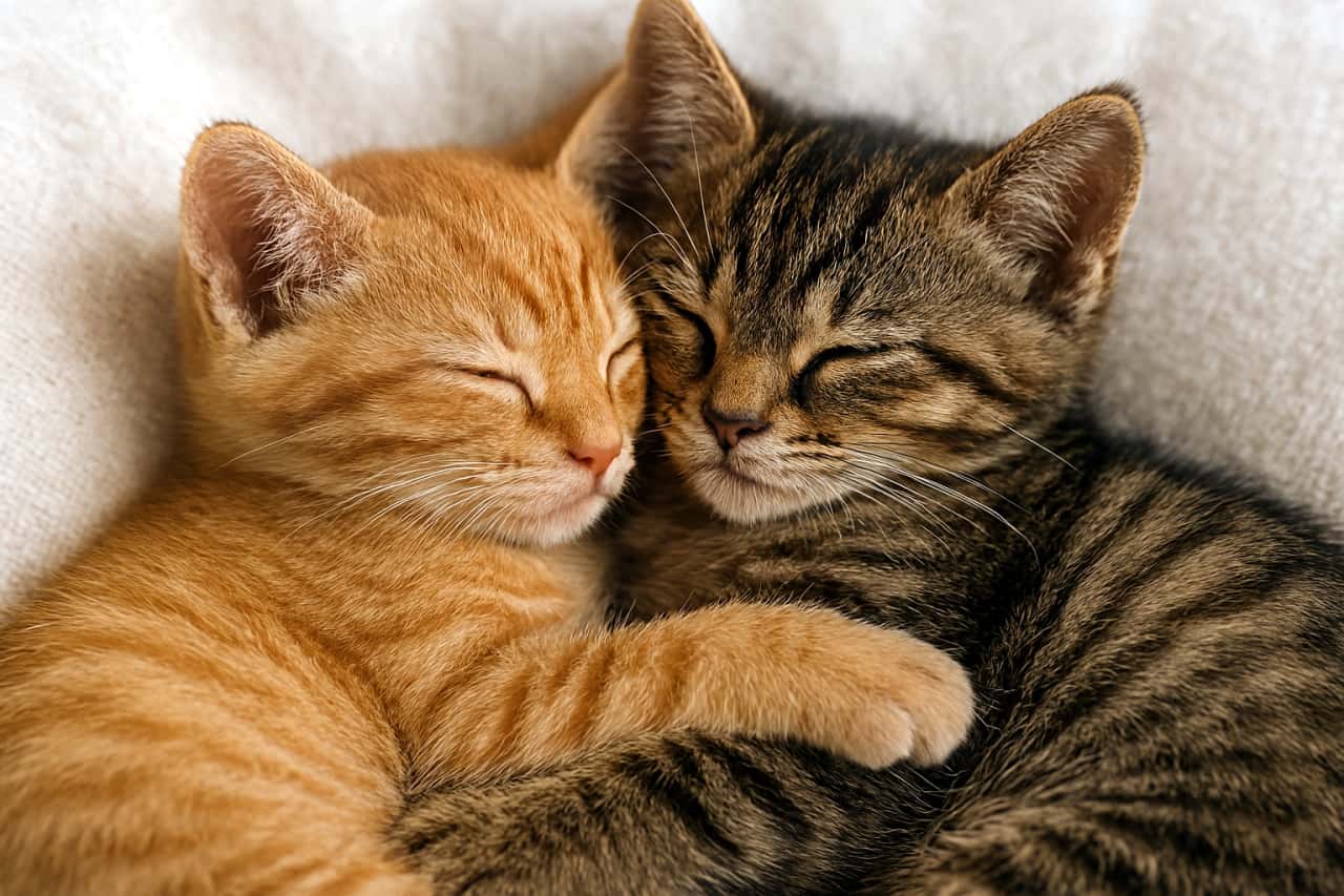 オレンジ色の茶トラ子猫が、キジトラ子猫の頬に口を寄せて眠っている。キジトラは前足で茶トラを抱きしめ、ふたりが寄り添って安心して眠る様子