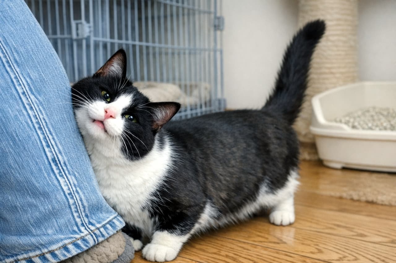 「ケージから出たら即スリスリ😍 甘えん坊なハチワレちゃんの愛情表現がたまらない！✨ #猫のいる暮らし #ハチワレ猫」Ultra-realistic high-quality photograph of a 1-year-old black and white tuxedo cat rubbing its face affectionately against a person's jeans-clad leg indoors. It has a straight, long tail pointing up. A pet cage and a litter box are visible in the background. 室内でジーンズを履いた人の足に顔を強くこすりつけて甘える、白黒ハチワレの1歳のメス猫。ピンと立った長いしっぽと満足げな表情が特徴的。背景にはペット用ケージと猫用トイレが写っている高画質な写真