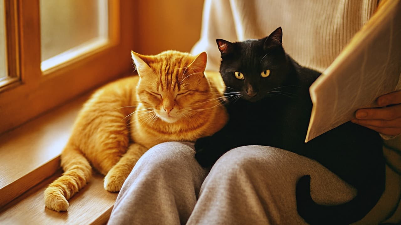 木製の窓辺に差し込む朝日。黒猫が新聞を好奇心いっぱいに見つめ、オレンジタビーは眠そうに目を細め、膝の上で丸くなり眠る。飼い主の膝の上で寄り添う２匹を柔らかな自然光が包む。温かい雰囲気の横長写真