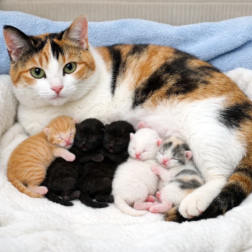 「寄り添って眠る子猫たちの愛おしさ。💖💤 三毛お母さんの優しさに包まれて。#FamilyLove #SweetDreams」Ultra-realistic high-quality photograph of a calico mother cat with her five colorful kittens huddled closely together for warmth on a soft white blanket, sleeping deeply. Close-up shot. 白いふわふわの毛布の上にいる三毛猫お母さんと5匹の赤ちゃん猫。赤ちゃん猫たちがさらにお母さんの体に寄り添い、団子状になってぐっすり寝ている様子を捉えたクローズアップ
