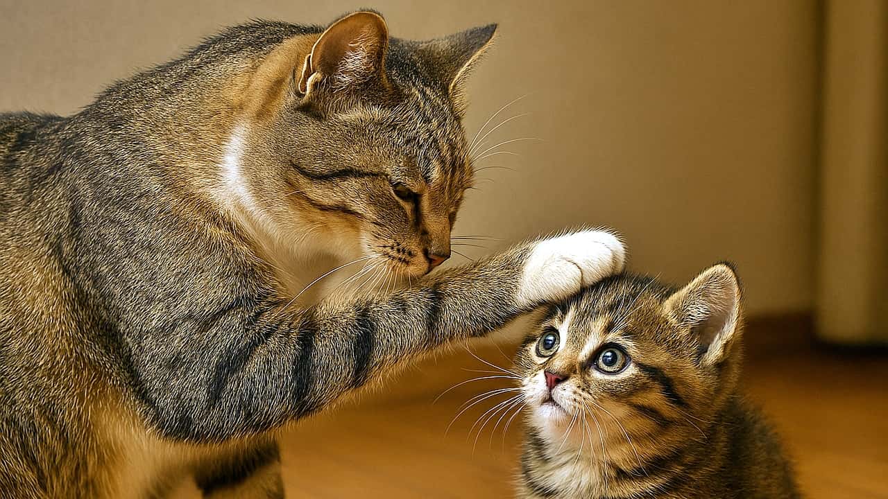 母猫が子猫の頭に前足を乗せる愛情表現を、横長構図で捉えた一枚。広がる空間が親子の絆をより引き立てている