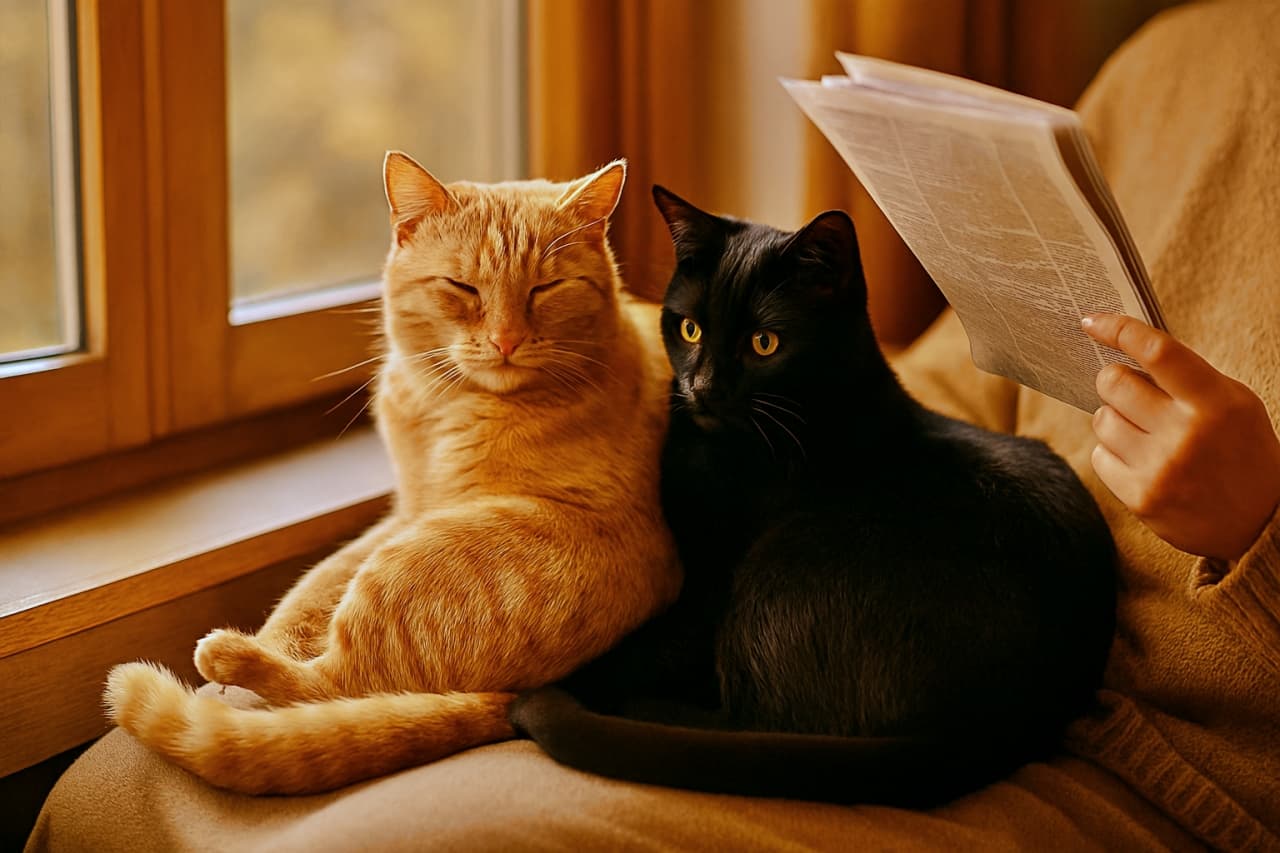 木製の窓辺で新聞を広げる人の膝に、目を閉じてくつろぐオレンジタビーと、新聞を好奇心いっぱいに見つめる黒猫が寄り添っている。黄金色の朝日が毛並みと毛布を優しく照らしている