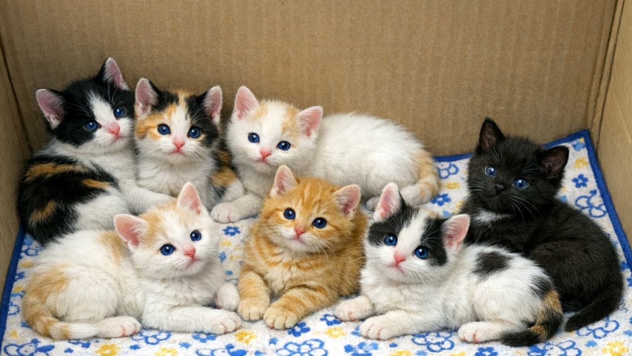 「ダンボールの中の子猫たちとアイコンタクト👀💖 個性豊かな柄の子猫たちがぎゅっと寄り添う姿に、キュン死確定😍 #子猫 #猫好き #癒しの動画」Ultra-realistic high-quality widescreen photograph capturing a closeup of six kittens on a blue bear-patterned pet sheet inside a cardboard box. Their various patterns and round eyes looking up are in sharp focus. The seventh kitten is slightly out of frame in the back right. Soft lighting. ダンボール箱の中の、青いクマ柄のペットシーツの上にいる子猫たちのクローズアップ写真。横長構図で、手前と中央の計6匹の子猫が鮮明に写っており、様々な柄とくりくりの瞳でこちらを見つめている。右奥に7匹目がわずかにフレームアウトしている。柔らかい光に包まれた高品質写真