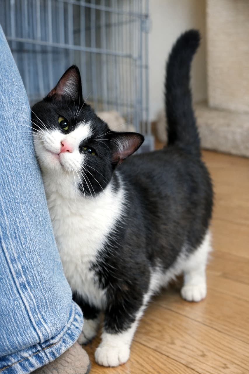 「スリスリしながらの上目遣いは反則級🥺💕 人懐っこくてトイレもお利口さんな自慢の愛猫です🐈✨ #猫好きさんと繋がりたい #甘えん坊猫」Ultra-realistic high-quality photograph of a cute 1-year-old black and white tuxedo cat looking up with a sweet gaze while rubbing against a person's jeans indoors. Its friendly nature is evident in its expression. ジーンズを履いた人の足にすり寄りながら、可愛らしい上目遣いでこちらを見つめる白黒ハチワレの1歳のメス猫。人懐っこい性格が表れた表情。背景にケージとキャットタワーの一部が見える室内の高画質写真