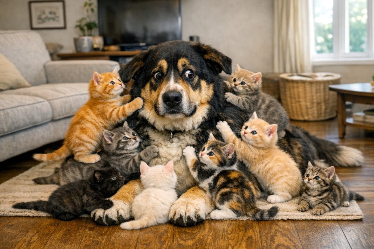 「人気者はつらいよ…でもかわいすぎて怒れない♡」A wide horizontal photo of a large Bernese Mountain Dog sitting in a cozy living room, surrounded by nine playful kittens of various colors. The dog looks confused and slightly anxious as kittens climb onto its back, paw at its chest, and gaze up at it with curiosity. The warm lighting and soft textures of the room create a humorous yet heartwarming atmosphere. 横長構図で、リビングの真ん中に座る大型犬が、9匹の子猫たちに取り囲まれて戸惑っている。背中に登る子、胸に手を伸ばす子、足元で見上げる子など、みんなが「遊んで！」とアピール。犬の困り顔と子猫たちの無邪気さが、温かく笑える雰囲気を生んでいる