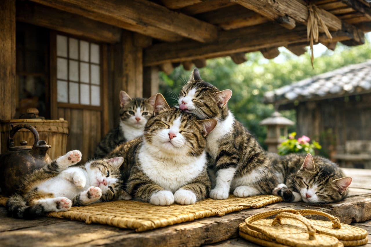 「いつの間にか集まってきたきょうだい猫たち。仰向けで遊ぶ子や眠る子など、思い思いの時間を過ごしています」A photorealistic horizontal photograph of a group of five tabby-and-white cats (parent and kittens) gathering on a straw mat under the wooden eaves of an old Japanese-style folk house. The central larger mother cat has its eyes narrowed, while the kitten to its right is licking its head for grooming. Another kitten relaxes belly-up on the lower left, and two other kittens are positioned behind and to the right. A vintage teapot and wooden bucket are on the left, and straw sandals are on the lower right. 古民家の木造の軒下で、筵の上に集まる親子猫たち（合計5匹、キジ白模様）。中央の大きな母猫が目を細め、その右隣の子猫が母猫の頭を毛繕いしている。手前左に仰向けでくつろぐ子猫、大きな猫の左後ろと手前右にも子猫がいる。左に茶器、木桶、右下に草履がある