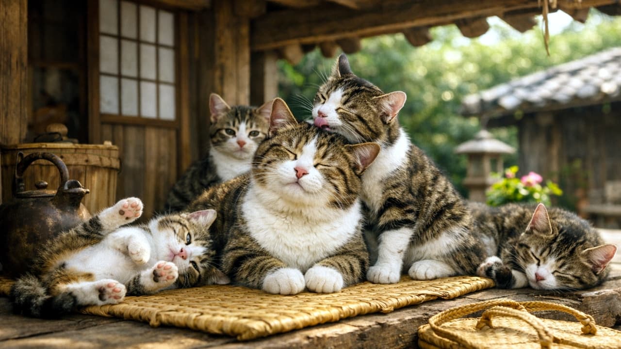 A photorealistic horizontal photograph of a group of five tabby-and-white cats (parent and kittens) gathering on a straw mat under the wooden eaves of an old Japanese-style folk house. The central larger mother cat has its eyes narrowed, while the kitten to its right is licking its head for grooming. Another kitten relaxes belly-up on the lower left, and two other kittens are positioned behind and to the right. A vintage teapot and wooden bucket are on the left, and straw sandals are on the lower right. 古民家の木造の軒下で、筵の上に集まる親子猫たち（合計5匹、キジ白模様）。中央の大きな母猫が目を細め、その右隣の子猫が母猫の頭を毛繕いしている。手前左に仰向けでくつろぐ子猫、大きな猫の左後ろと手前右にも子猫がいる。左に茶器、木桶、右下に草履がある