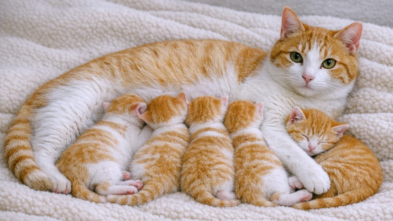 「毛布の上で授乳中の幸せな猫団子団欒🍡 みんなお腹いっぱいになって、お母さんにぴったり寄り添う姿に癒されます🥺💕 #多頭飼い #猫の親子 #ほっこり」Ultra-realistic high-quality widescreen photograph of a ginger and white mother cat lying on a white fluffy blanket, nursing five ginger and white kittens. The kittens are nestled against her feeding, with the rightmost one held in her arm. The mother looks at the camera, conveying warmth and happiness. Detailed fur texture is visible. 白いもこもこの毛布の上で、茶白の母猫が横たわり、5匹の茶白の子猫を授乳しているリアルな横長写真。子猫たちは母猫の体に寄り添ってお乳を飲んでおり、一番右の子は母猫の腕に抱かれている。母猫はカメラを見ており、温かく幸せな雰囲気が伝わる。毛並みの質感が精細に描写されている