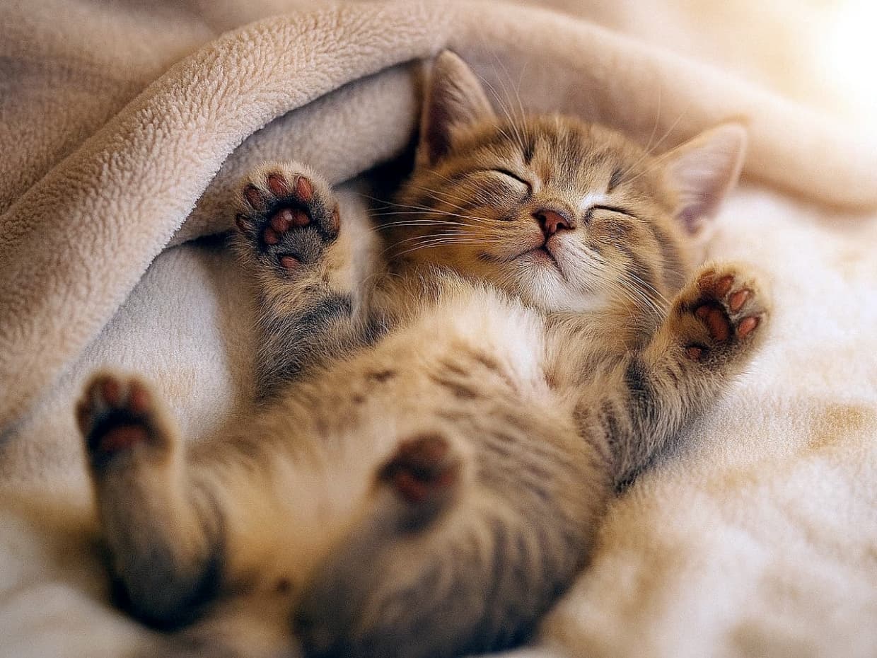 仰向けで毛布にくるまり、肉球を見せながら眠る子猫のリアル写真。安心感あふれる寝姿