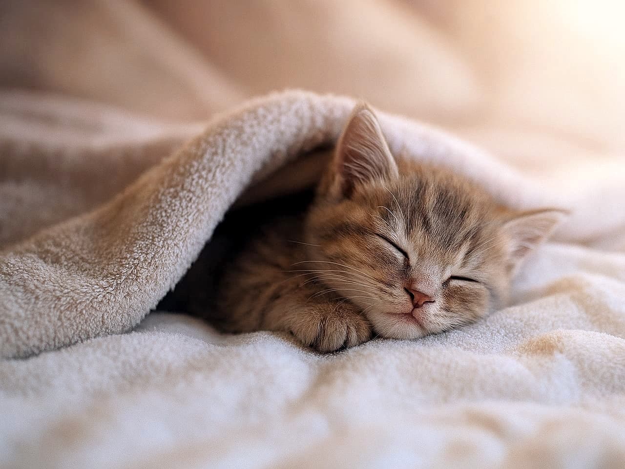ふわふわの毛布に包まれて横向きで眠る子猫のリアル写真。暖かい光に包まれた癒しのワンシーン