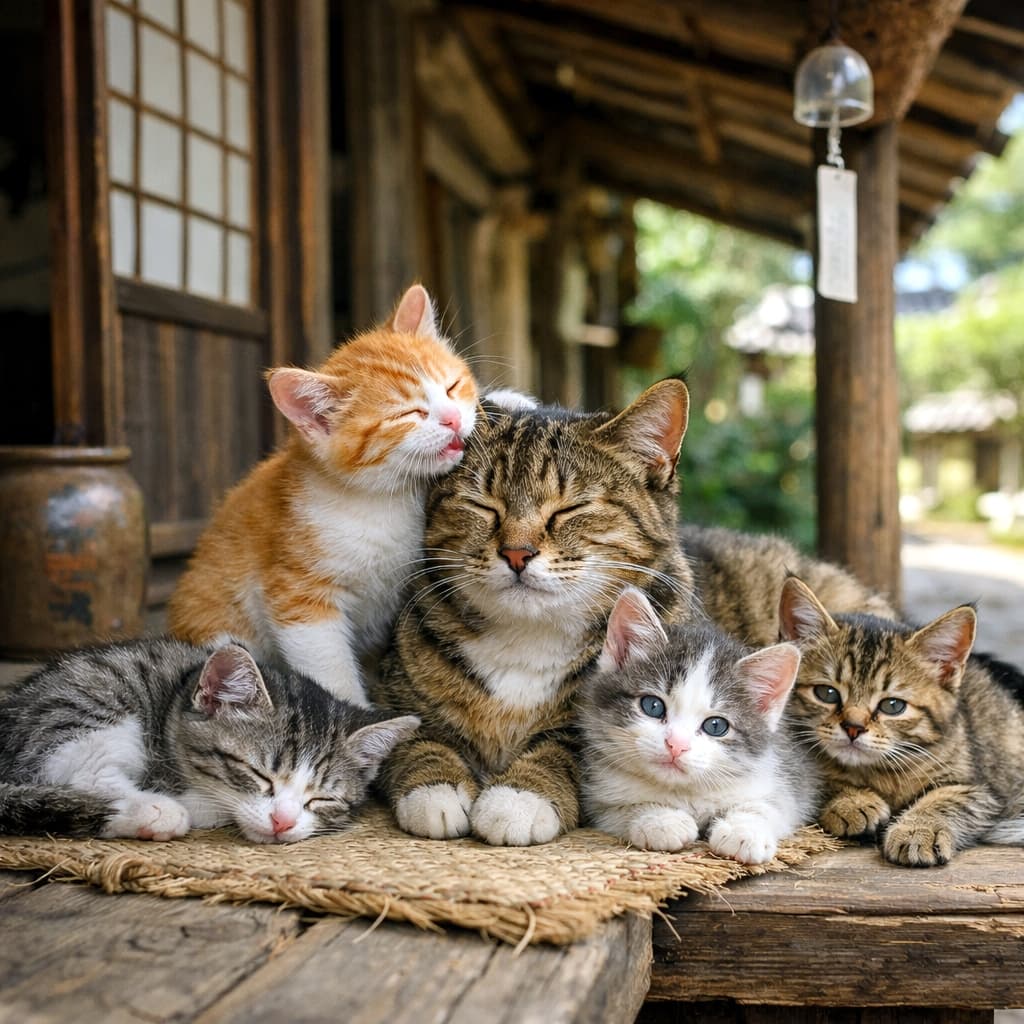 「母さんの毛づくろいは、ぼくのしごと」Several kittens relax beneath the wooden eaves of an old Japanese farmhouse. In the center, a mother cat sits calmly on a worn straw mat while a small kitten gently grooms the top of her head with its tiny tongue. Nearby, other kittens lounge in various poses—one curled up asleep, another stretching, and one gazing curiously toward the viewer. Soft natural light filters through the garden, highlighting the warm wood tones and the peaceful atmosphere. 古民家の軒下で、子猫たちがのんびりくつろいでいる。中央では母猫が古びたわら敷きの上に座り、1匹の子猫が母猫の頭を小さな舌で丁寧に毛繕いしている。ほかの子猫たちは、丸くなって眠ったり、伸びをしたり、こちらを興味深そうに見つめたりと、それぞれ自然な姿勢で過ごしている。庭から差し込む柔らかな光が、木の温もりと穏やかな雰囲気を引き立てている