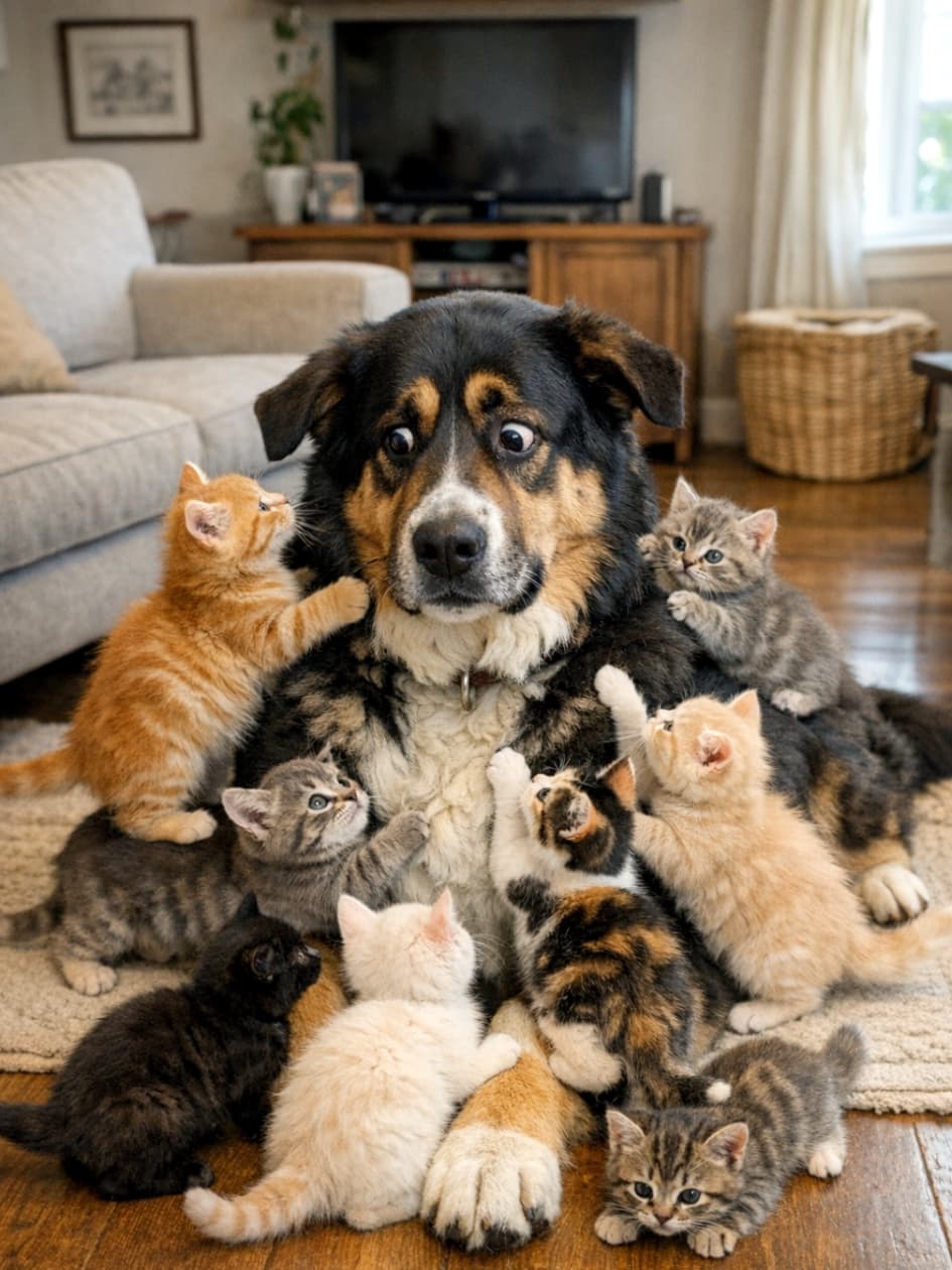 「モテ期到来…でも相手は全員子猫」A large, gentle dog sits in the middle of a cozy living room, looking bewildered as many playful kittens surround it. Some kittens climb onto its back, others paw at its legs, and a few sit in front of it staring up with eager eyes. The dog’s expression is confused but kind, creating a humorous and heartwarming scene. リビングの真ん中で、大型犬がたくさんの子猫たちに取り囲まれ、どうしていいか分からず戸惑っている。背中に登る子猫、前足にしがみつく子猫、目の前でじっと見上げる子猫など、全員が「構って！」と言わんばかり。犬の困り顔と子猫たちの無邪気さが微笑ましい雰囲気を作っている