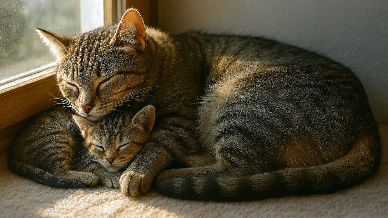 窓辺の柔らかな日差しの中、母猫が子猫を優しく抱きしめながら眠っている。温かな光が毛並みを照らし、穏やかで安心感のある雰囲気が漂う横長の構図。A mother tabby cat curled protectively around her kitten, both sleeping peacefully in a warm sunbeam by a wooden-framed window, in a cozy horizontal composition.