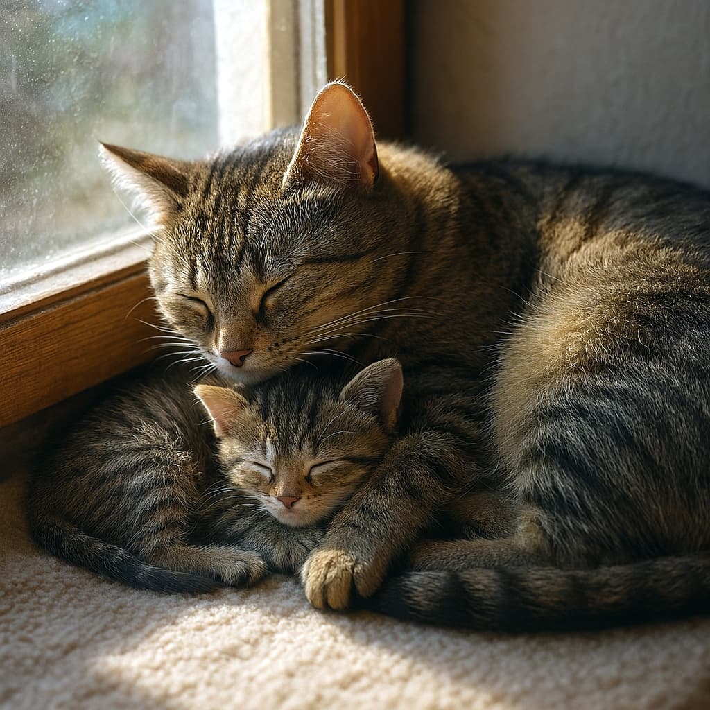 窓辺の柔らかな日差しの中、母猫が子猫を優しく抱きしめながら眠っている。温かな光が毛並みを照らし、穏やかで安心感のある雰囲気が漂う横長の構図。A mother tabby cat curled protectively around her kitten, both sleeping peacefully in a warm sunbeam by a wooden-framed window, in a cozy horizontal composition.