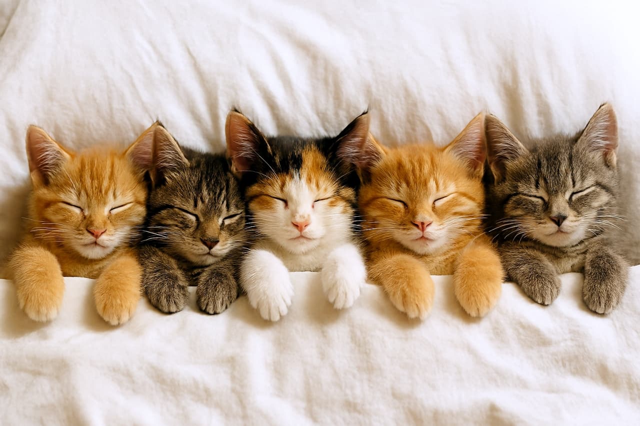 白い布団の上で5匹の子猫が横一列に並び、前足を揃えて眠っている。毛色はオレンジタビー、グレータビー、三毛などで、柔らかな光に包まれている