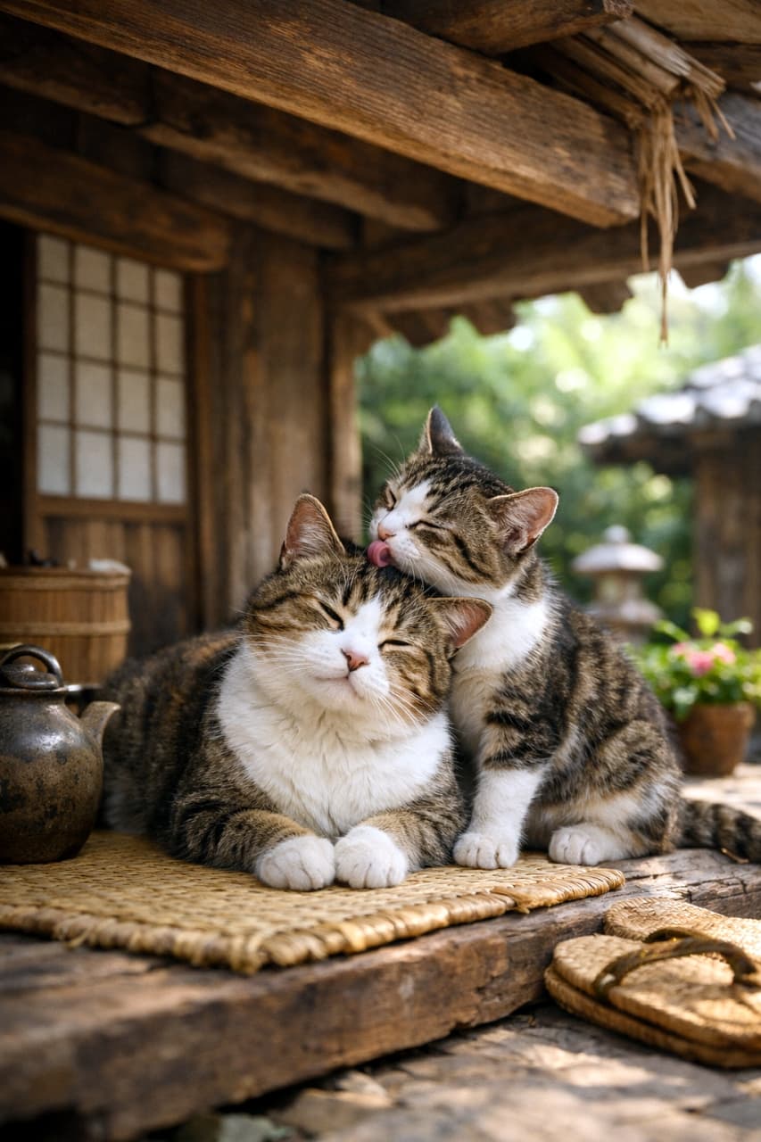 「縁側のむしろの上で、母猫の頭を熱心に毛繕いする一匹の子猫」A photorealistic vertical photograph of two tabby-and-white cats (parent and kitten) relaxing on a straw mat under the wooden eaves of an old Japanese-style folk house. The larger cat in the center has its eyes narrowed in contentment, while the smaller kitten next to it is licking the larger cat's head for grooming. A vintage teapot and wooden bucket are on the left, and straw sandals are on the lower right. 古民家の木造の軒下で、筵の上に座る2匹のキジ白猫（親子）。中央の大きな猫が目を細めてくつろいでおり、右隣の小さな猫が大きな猫の頭（耳の後ろ）を舐めて毛繕いしている。左に古い茶器と木桶、右下に草履がある