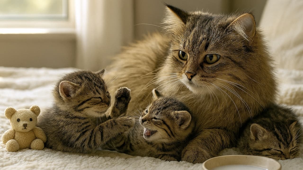 二匹の子猫が前足を伸ばしてじゃれ合う姿。母猫が優しく見守る温かな家族のシーン