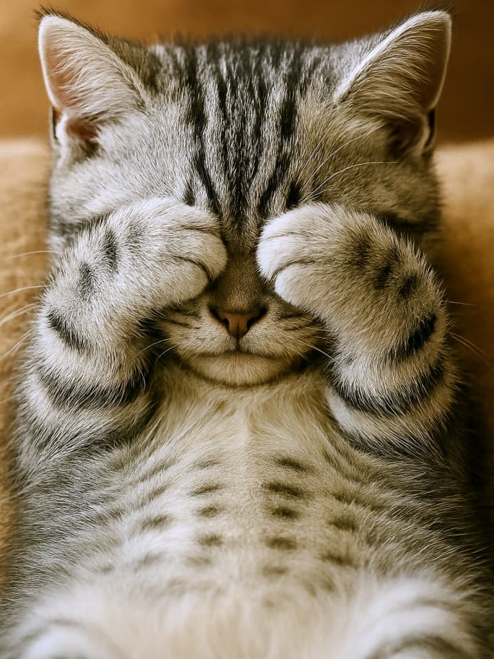 銀色の縞模様を持つサバトラ子猫が、前足で目を隠して眠っている様子。柔らかな室内光に包まれ、毛並みの一本一本がふんわりと輝く