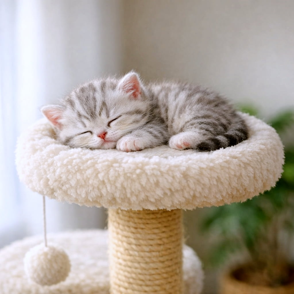 「キャットタワーの真ん中でスヤスヤ…🐾おててをギュッとして丸まる姿は、天使のぬいぐるみみたいでキュンです💘」A silver tabby kitten curled up safely in the center of the cat tower cushion. It has its front paws tucked near its face with a peaceful expression. A blurred houseplant in the background enhances the calm afternoon atmosphere. キャットタワーのクッションの中央にうまく収まり、丸まって眠るシルバータビーの子猫。前足を顔の近くに寄せ、目をしっかりと閉じて穏やかな表情を浮かべています。背景には部屋の観葉植物が柔らかくぼけて写っており、平和な午後のひとときを感じさせます