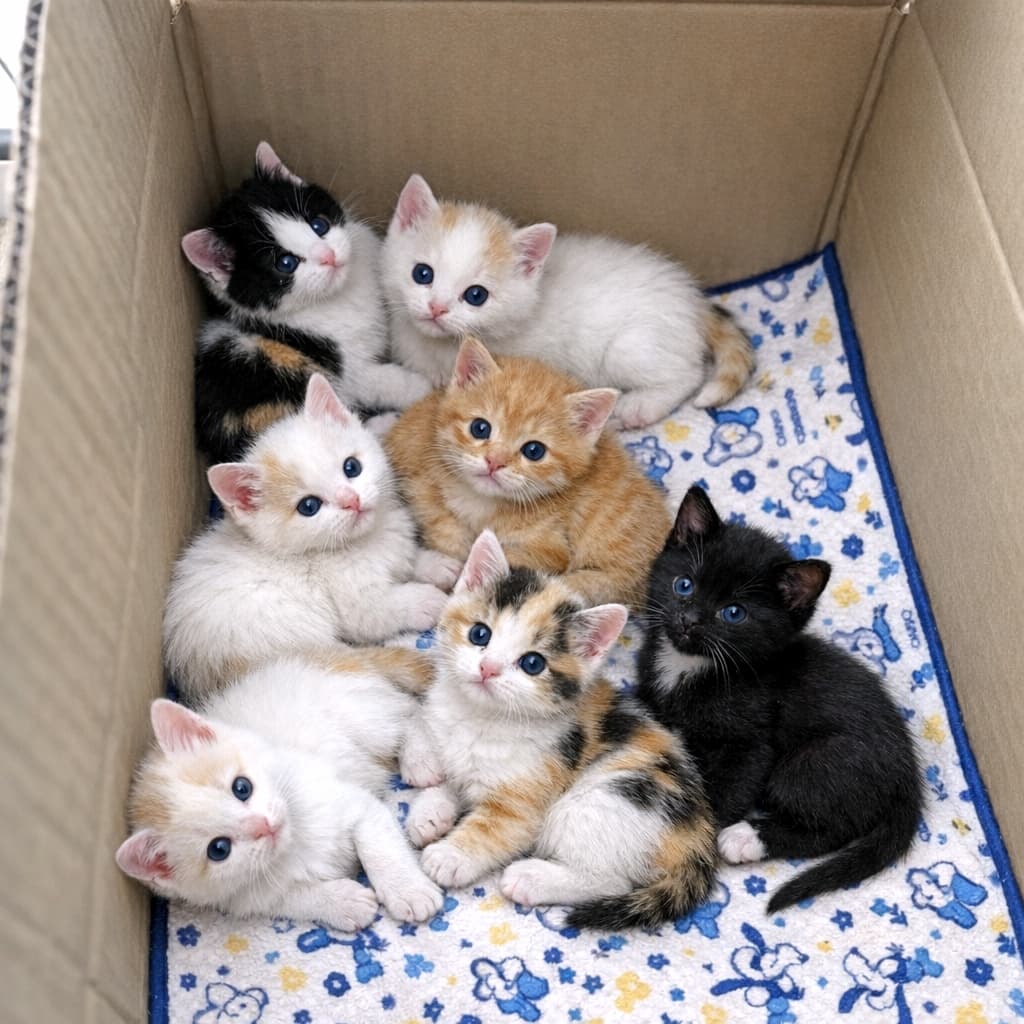 「ダンボールの中は子猫のパラダイス📦💕 七つ子の赤ちゃんたちがぎゅっと詰まってお昼寝中…？🥺 #子猫 #猫団子 #多頭飼い #癒し」Ultra-realistic high-quality square photograph of seven adorable kittens of various patterns (tuxedo, orange tabby, calico, black, white) cuddled together inside a cardboard box on a blue bear-patterned pet sheet. All seven kittens are looking up with round eyes. Soft natural lighting. ダンボール箱の中で、青いクマ柄のペットシーツの上にぎゅっと身を寄せ合っている、7匹の様々な毛柄（タキシード、茶トラ、三毛、黒、白系）の赤ちゃん子猫。全員が上を向いており、くりくりの瞳が印象的。柔らかい自然光に包まれた正方形の高品質写真