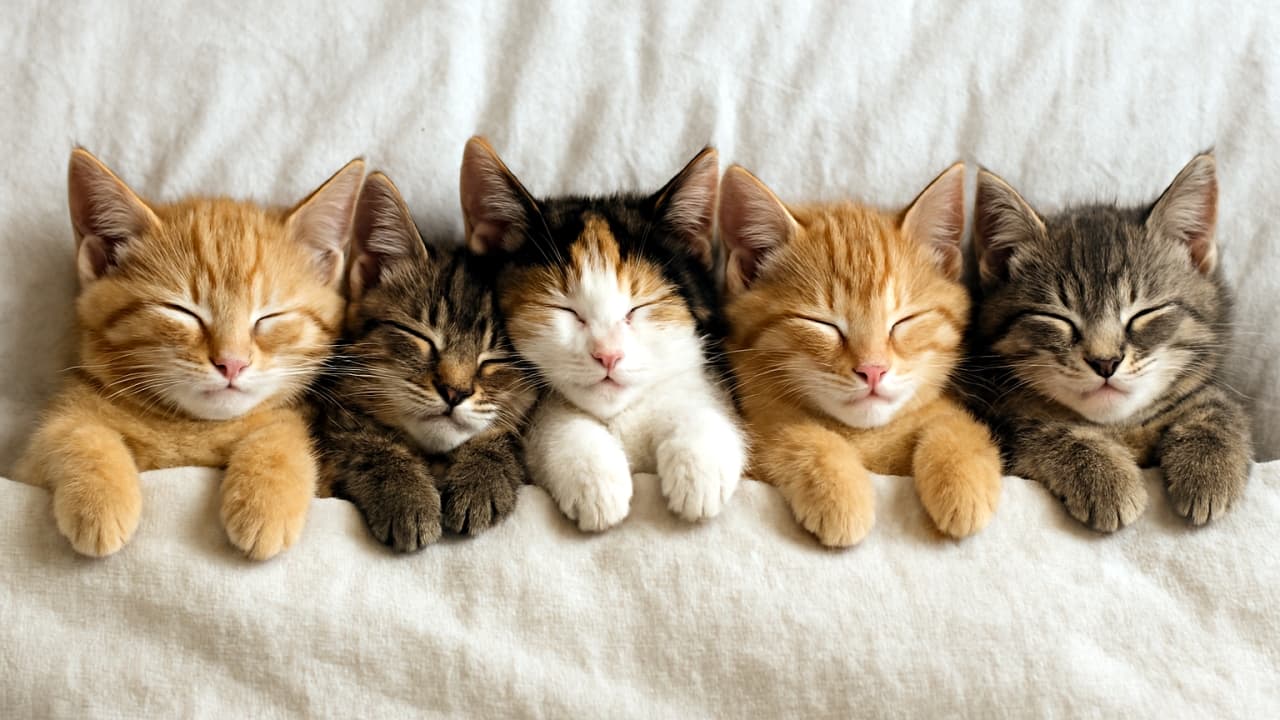 ５匹の子猫が横一列に並び、白いシーツの上でオフホワイトの掛け布団にくるまれて眠っている。オレンジタビー、キジトラ、三毛、淡いオレンジタビー、グレータビーの順で並び、全員が目を閉じて穏やかな表情をしている