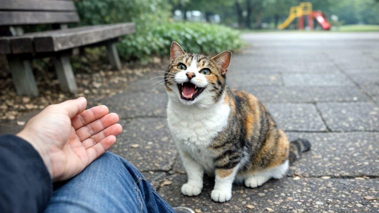 「昨日なでなでした公園の野良猫ちゃんに偶然再会！🐾 私の手を見上げて、愛らしい声でずーっとお話ししてくれて感動💕」A horizontal photograph of the same stray calico-tabby cat sitting on the paved path, meowing affectionately at the photographer's extended hand, seemingly recognizing them from yesterday. The background reveals more of the park, including a bench on the left and a colorful playground on the right. 公園の石畳の上に座り、撮影者の差し出した手を見つめながら口を大きく開けて話しかけている（鳴いている）、キジ白（三毛）の野良猫の横長写真。前日のふれあいを覚えていて喜んでいるような愛らしい表情。背景の左奥にはベンチ、右奥には滑り台などの遊具が写っている